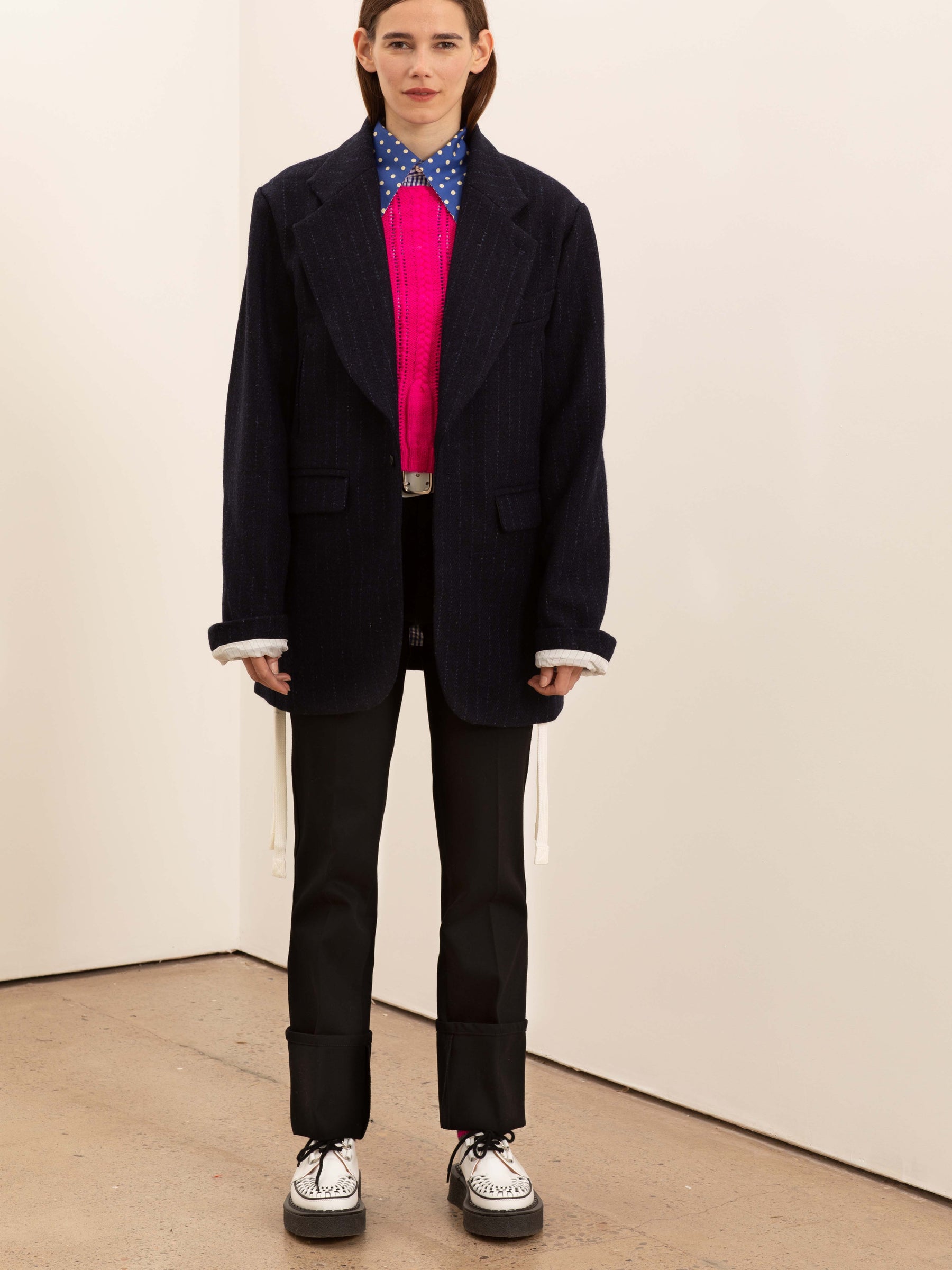 HELMUT menswear Styled Loose Fitting Rockabilly Jacket In Harris Tweed - Navy Pinstripe