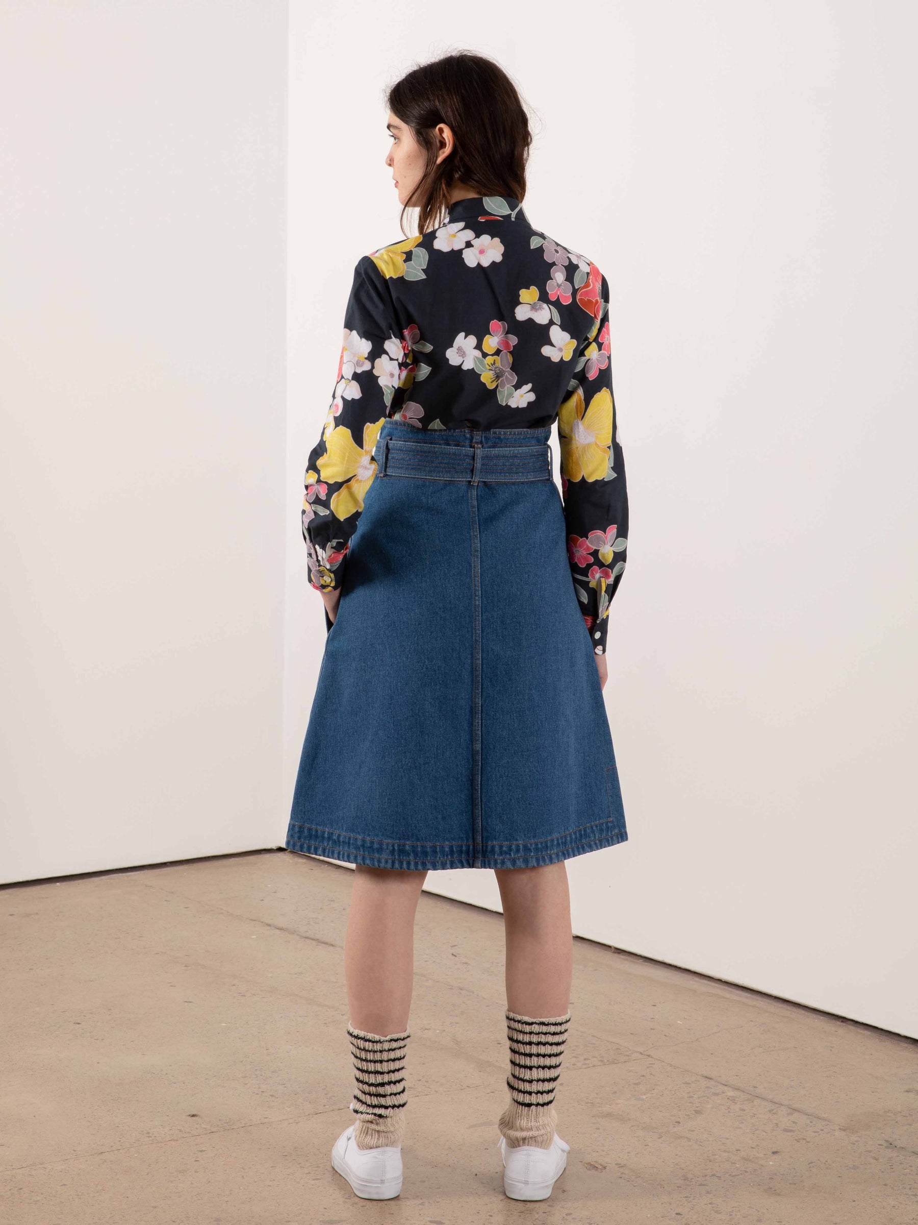 BONNIE Washed Denim Skirt With Utility Belt And Ochre Topstitching - Blue Denim
