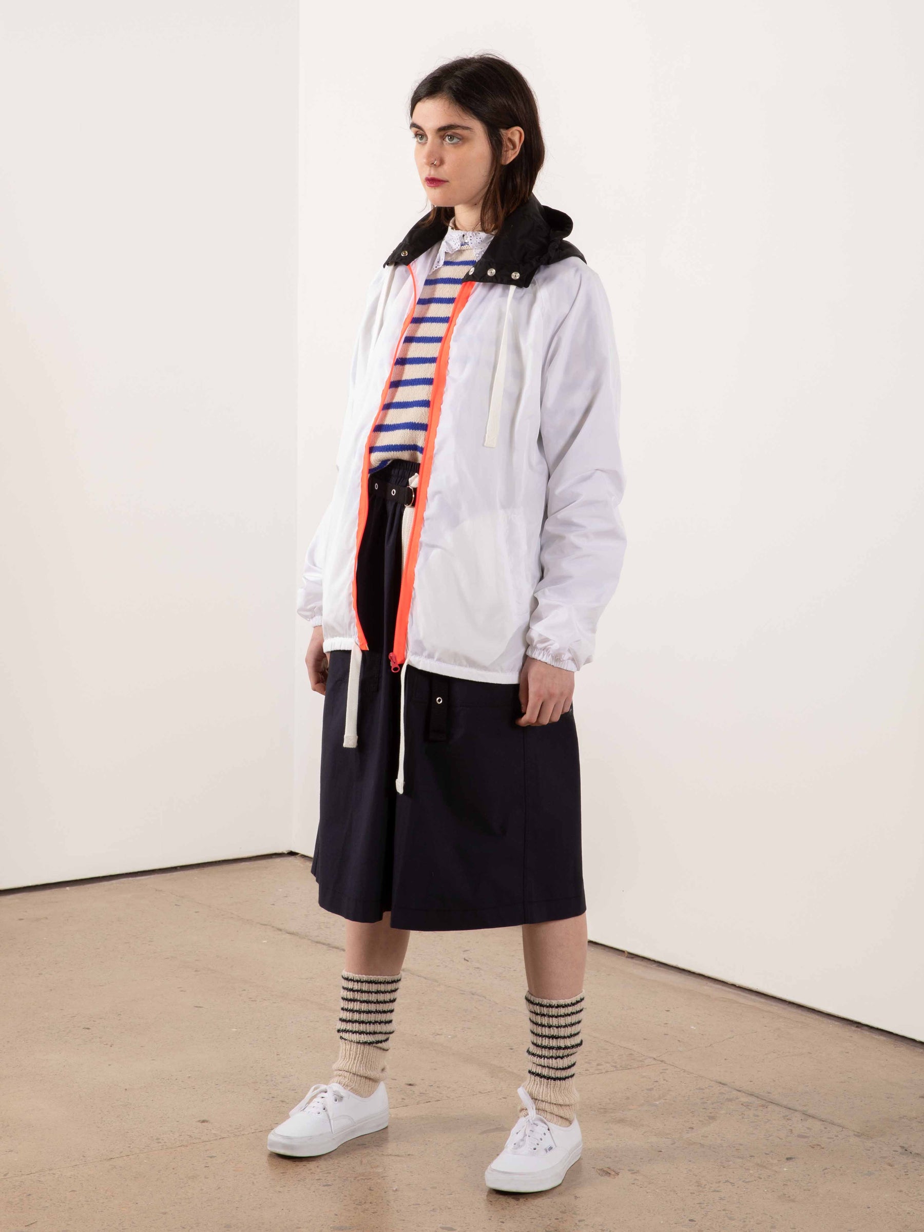LIL Nylon Parka In Optic White With Neon Orange Zip And Black Cotton Collar Created In Collaboration With Scottish Artist Jim Lambie - White