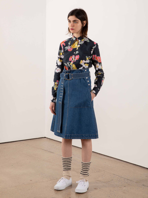BONNIE Washed Denim Skirt With Utility Belt And Ochre Topstitching - Blue Denim