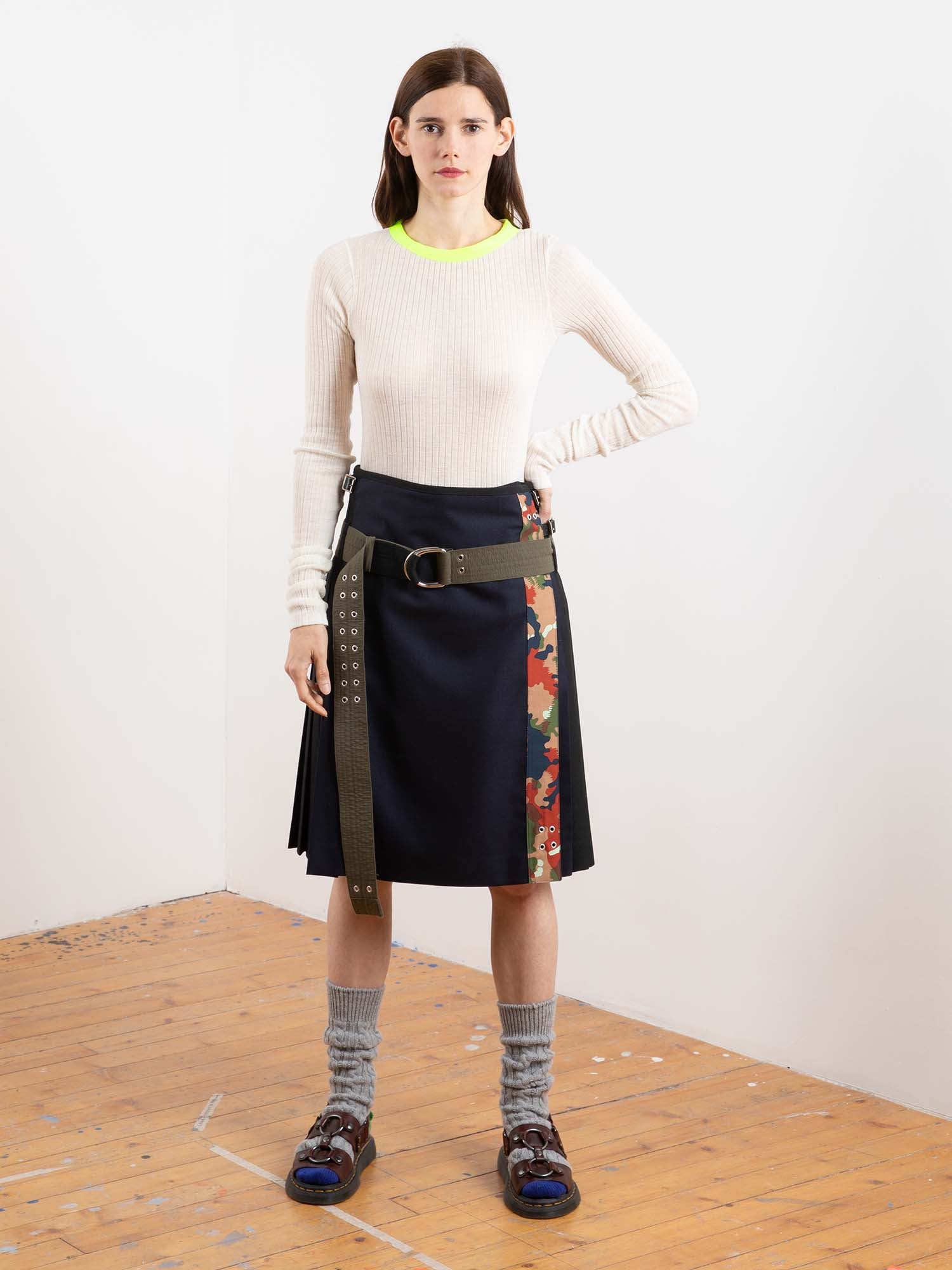 VIV Traditional Hand Pleated Kilt With Military Details - Black / Navy / Camouflage