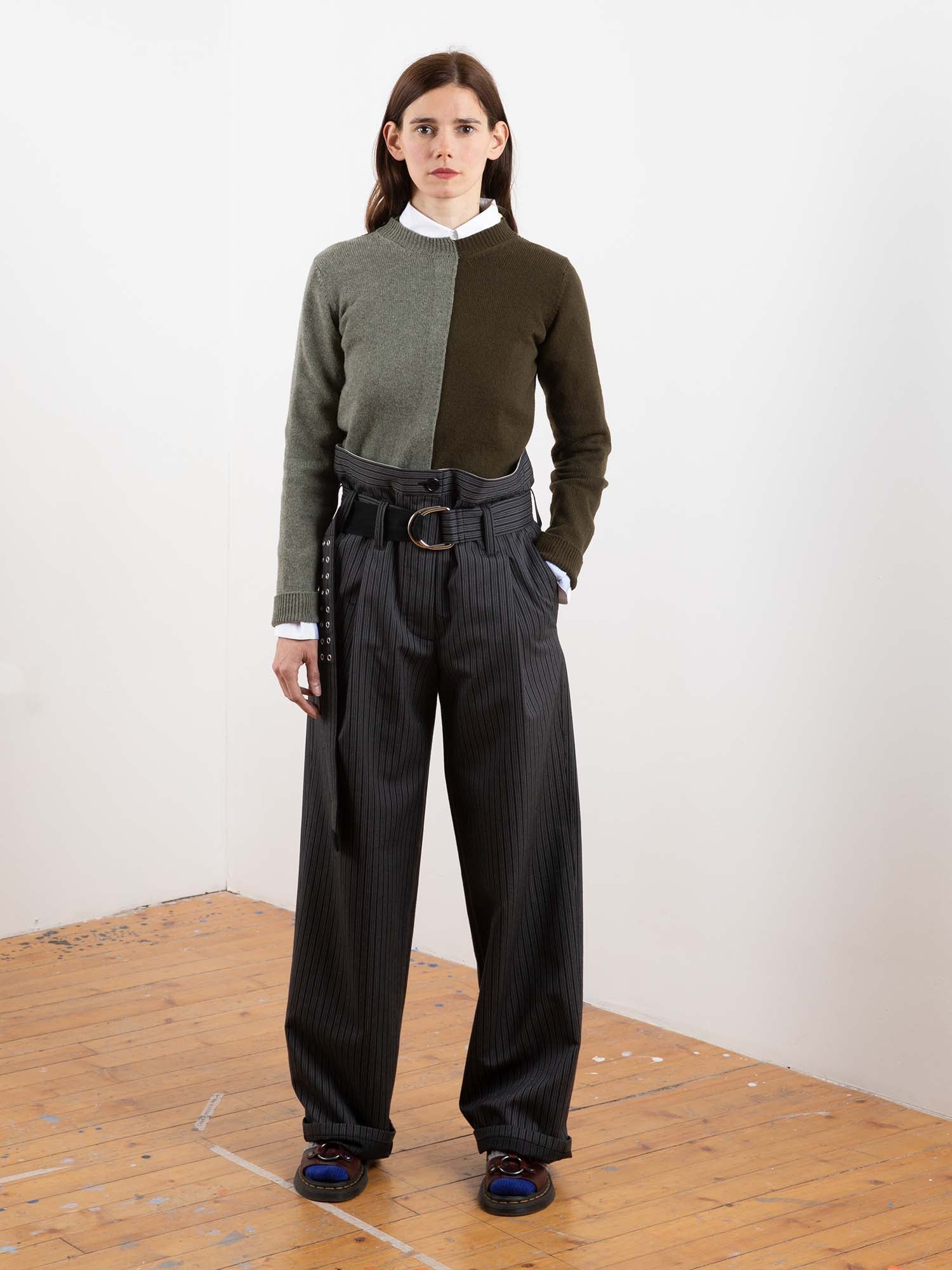 CATHY Hand Framed Patched Sweater With Neon Collar Detail - Moss Green/khaki/black/neon Yellow
