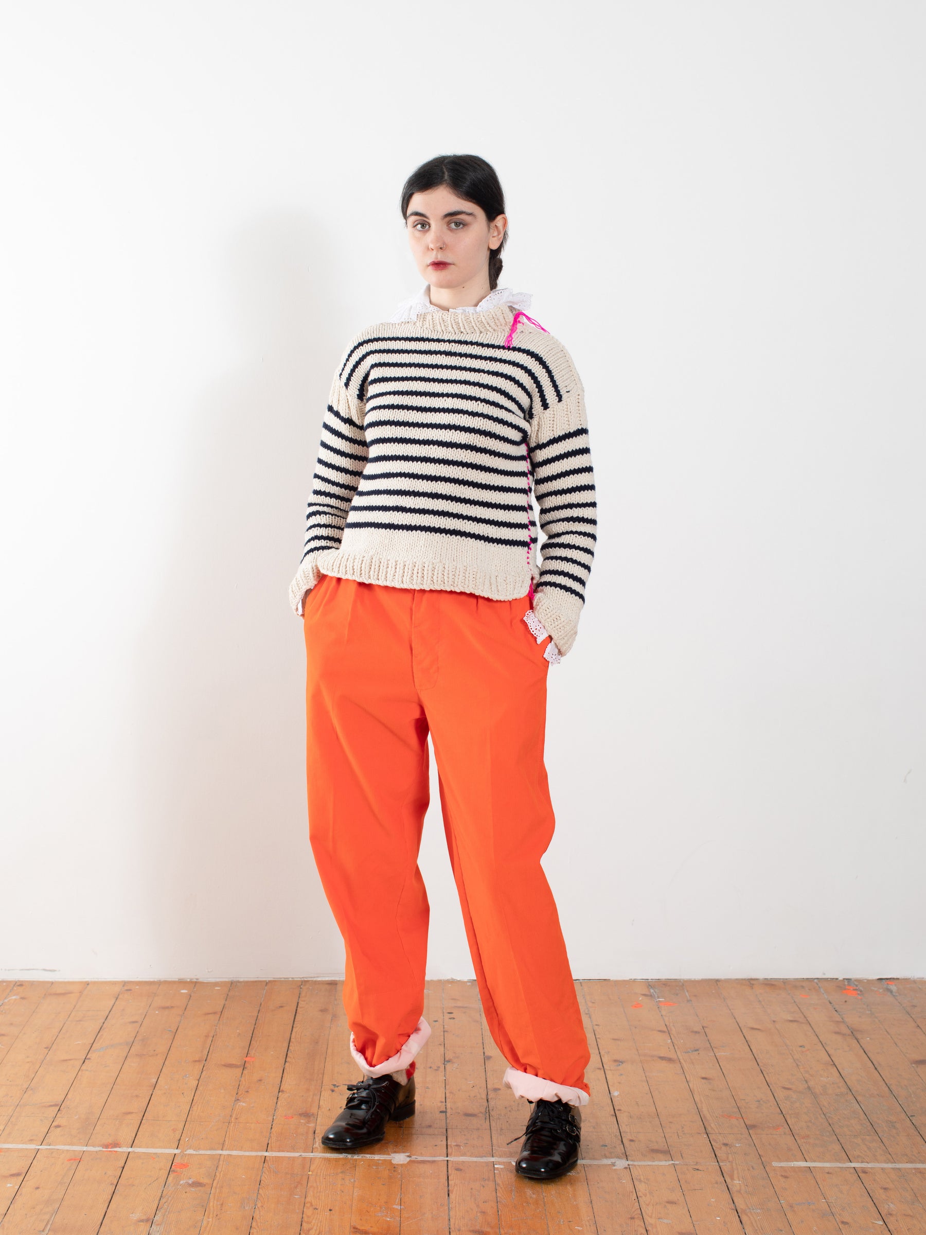 SASHA Traditional Handknitted Sailor Sweater - Ecru / Navy / Neon Pink