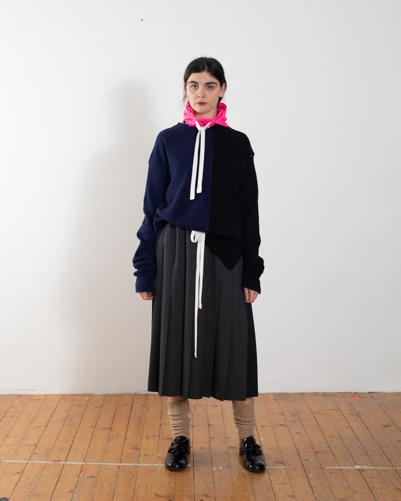 WILLIAM Handframed Patched Lambswool Sweater - Navy / Black / Neon Yellow