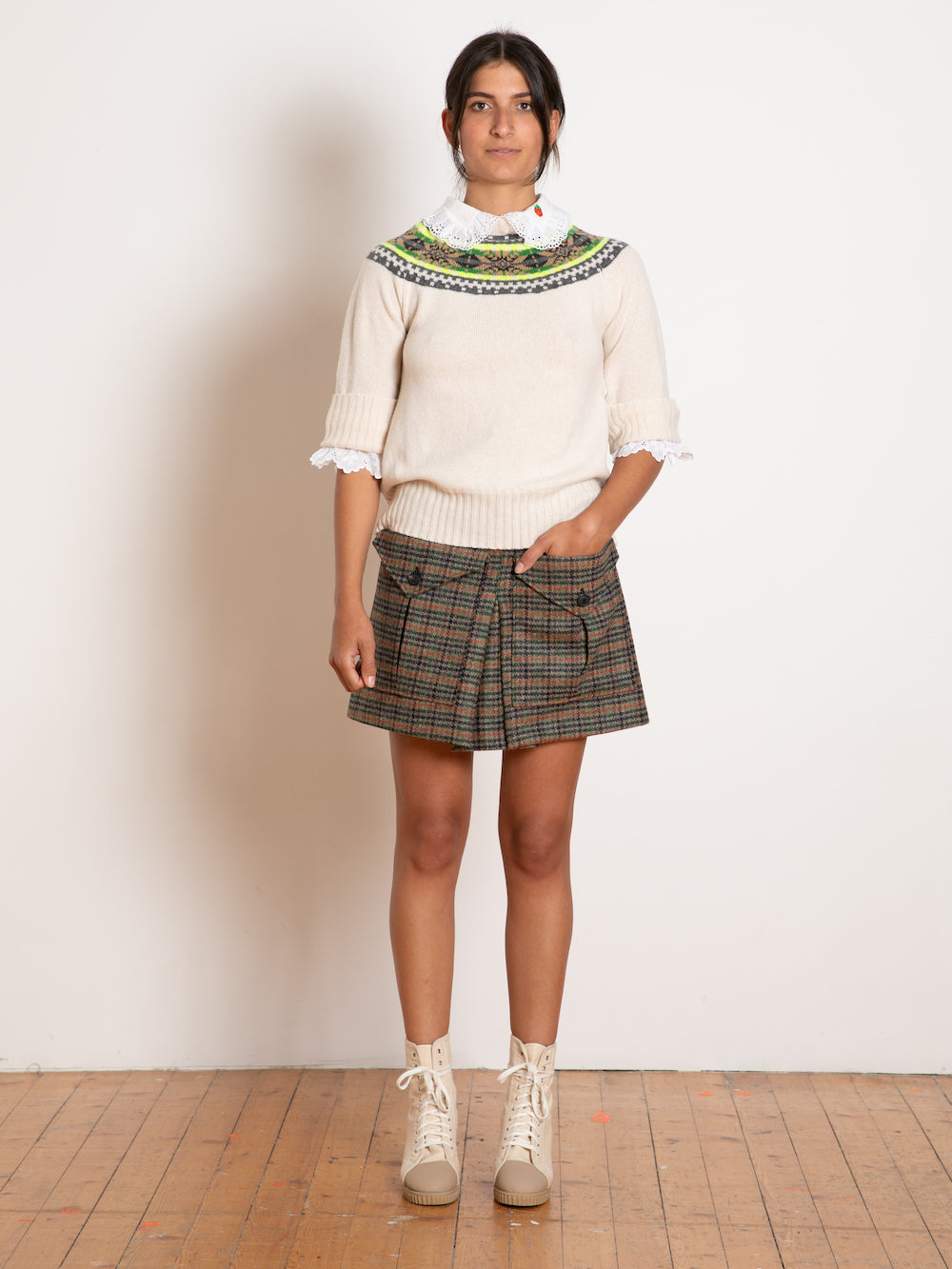 BRIGITTE Tweed Mini Skirt - Brown / Orange / Green Check