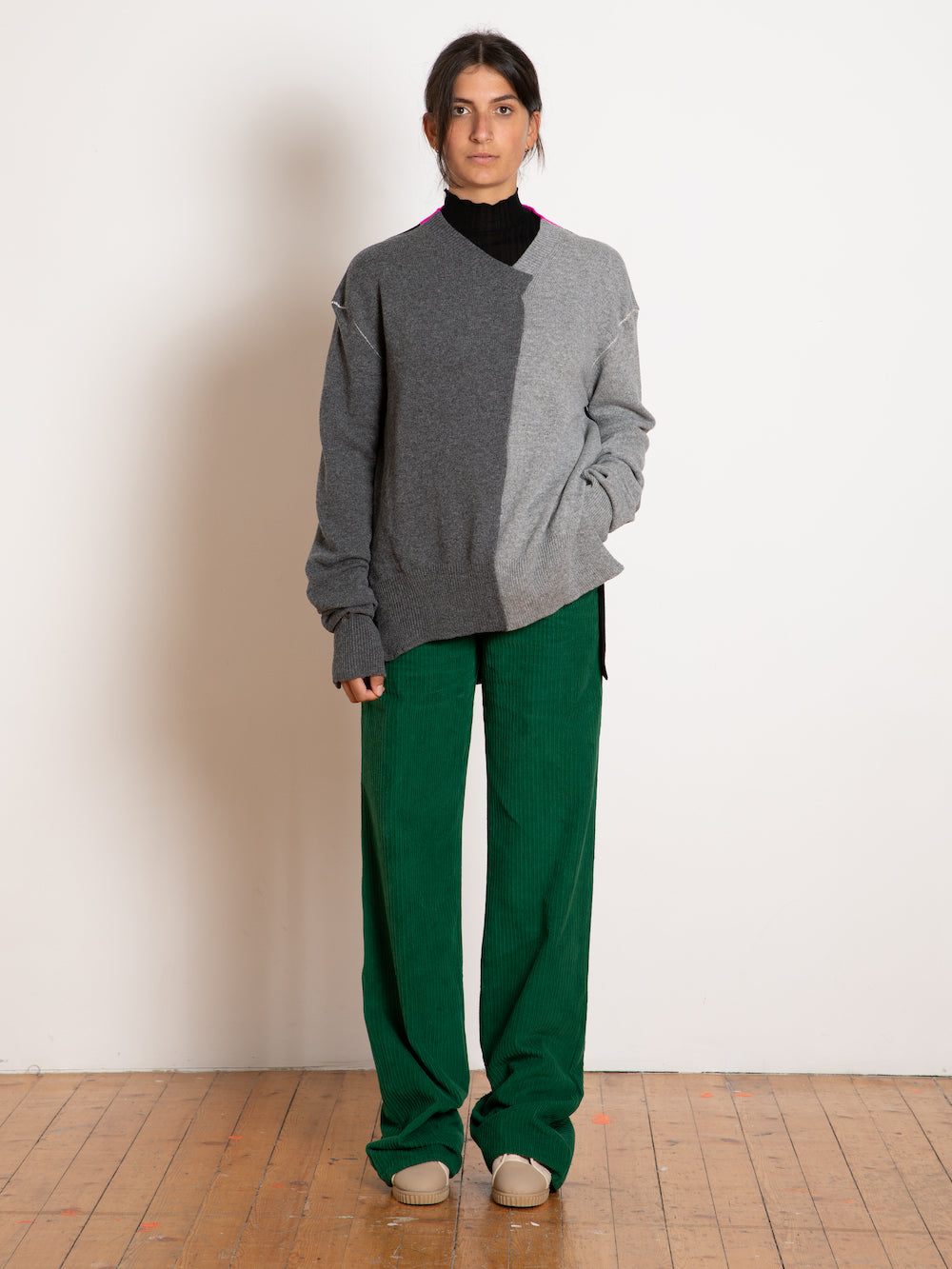 WILLIAM Handframed Patched Lambswool Sweater - Grey / Charcoal / Neon Pink