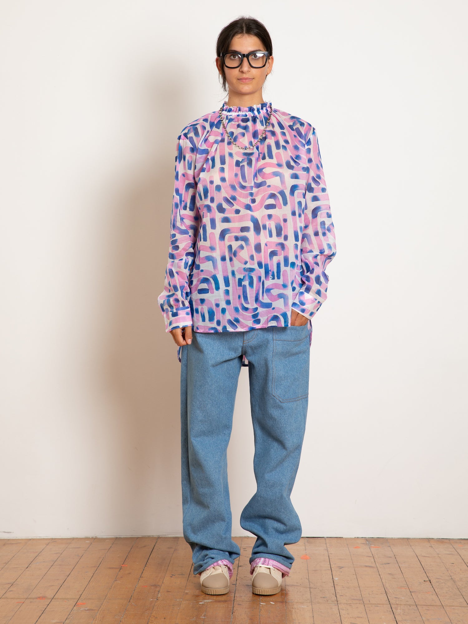 VIVIENNE Lightweight Printed Cotton Voile Blouse - Blue / Pink
