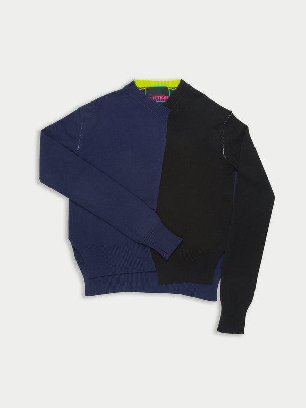 WILLIAM Handframed Patched Lambswool Sweater - Navy / Black / Neon Yellow