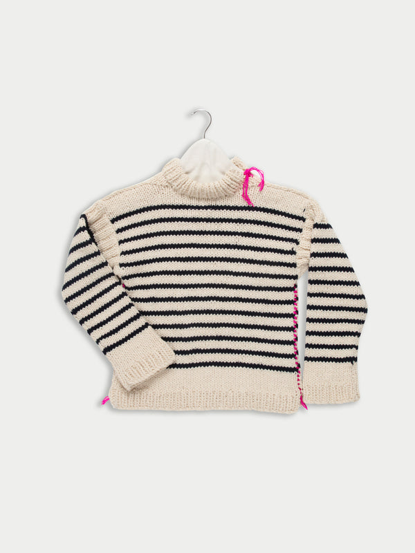 SASHA Traditional Handknitted Sailor Sweater - Ecru / Navy / Neon Pink