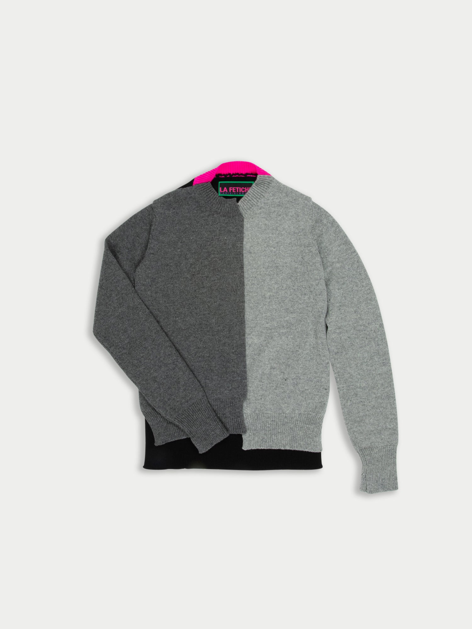 CATHY Hand Framed Patched Sweater With Neon Collar Detail - Grey/light Grey/black/neon Pink