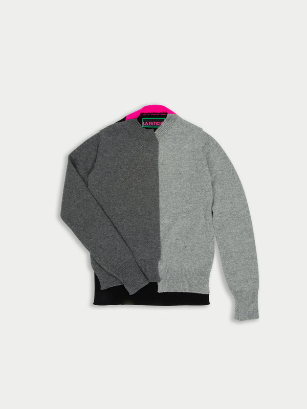 CATHY Hand Framed Patched Sweater With Neon Collar Detail - Grey/light Grey/black/neon Pink