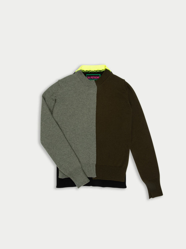 CATHY Hand Framed Patched Sweater With Neon Collar Detail - Moss Green/khaki/black/neon Yellow