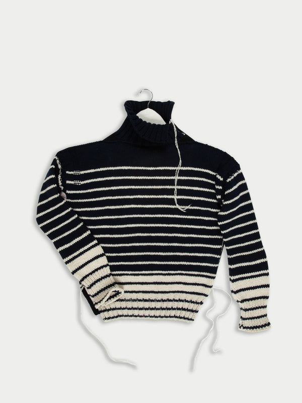 MAURICE Hand Knitted Roll Neck Striped Guernsey Sweater - Navy / Black / Ecru