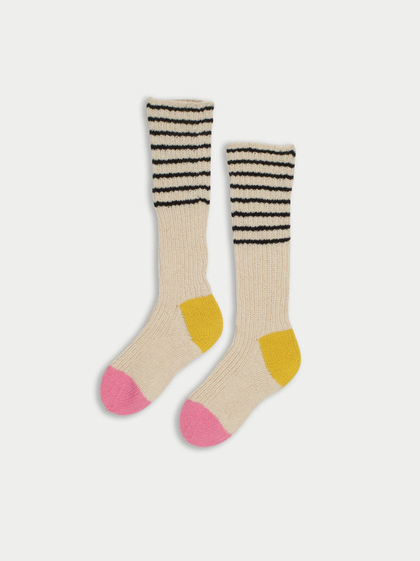 LYLE Handknitted Striped Socks - Ecru / Black / Pink / Yellow