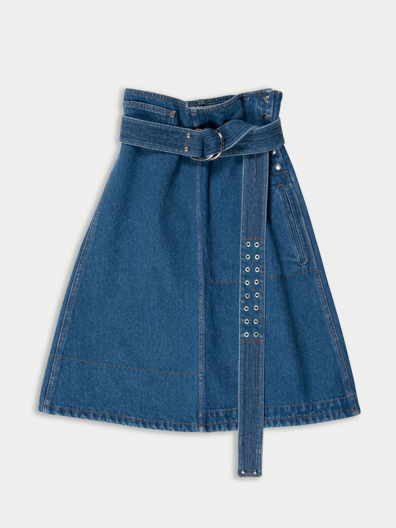BONNIE Washed Denim Skirt With Utility Belt And Ochre Topstitching - Blue Denim