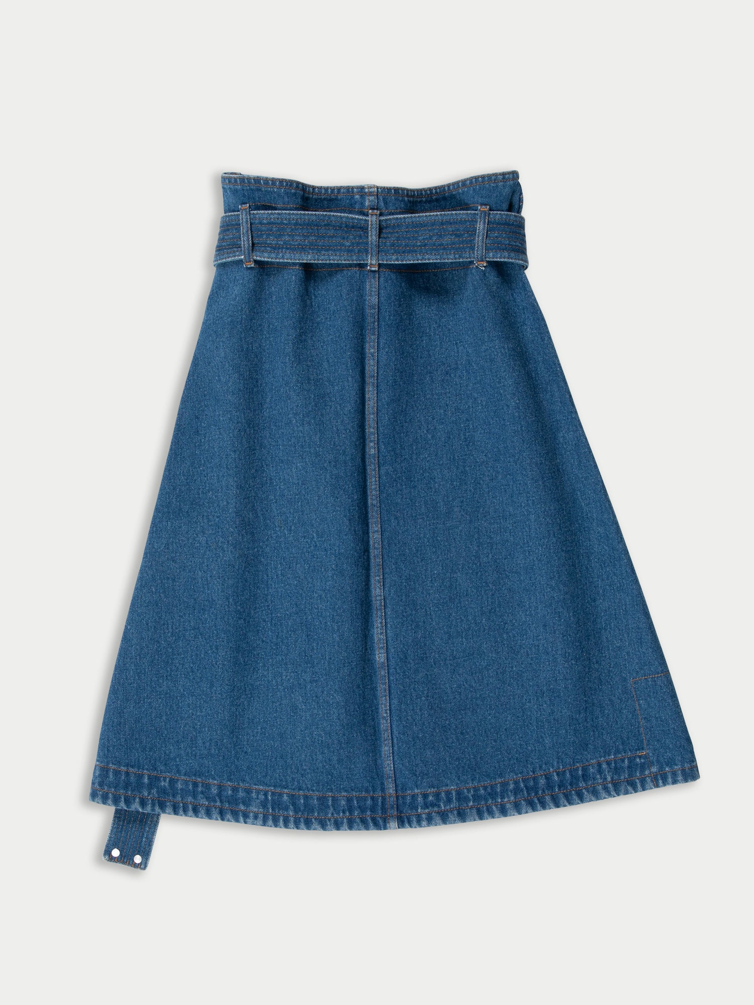 BONNIE Washed Denim Skirt With Utility Belt And Ochre Topstitching - Blue Denim