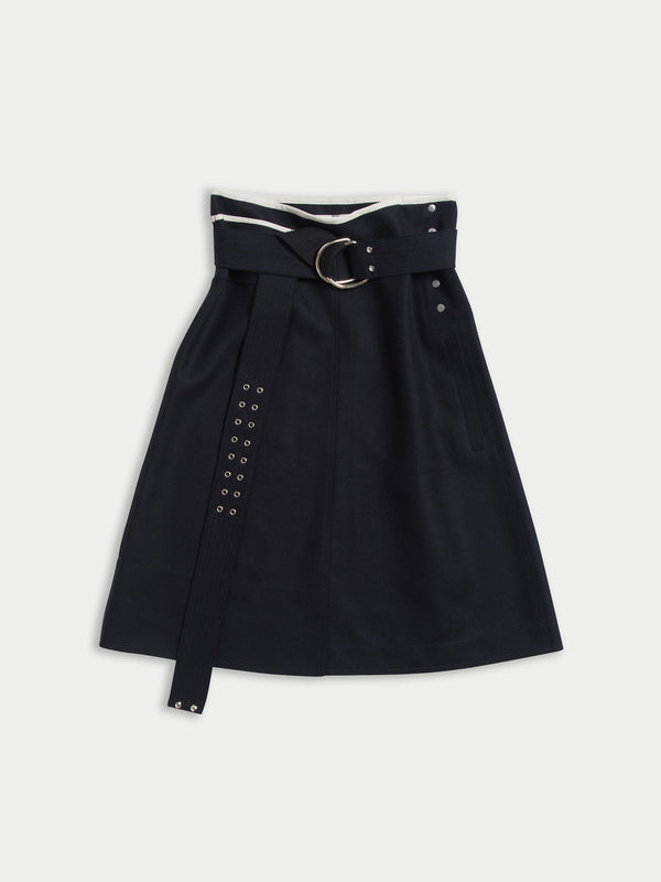 BONNIE raw-cut Felt A-line Skirt With D Ring Military Belt - Navy