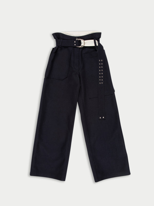 DAVID raw-cut Felt Sailor Pants With Military D Ring Belt - Navy Felt