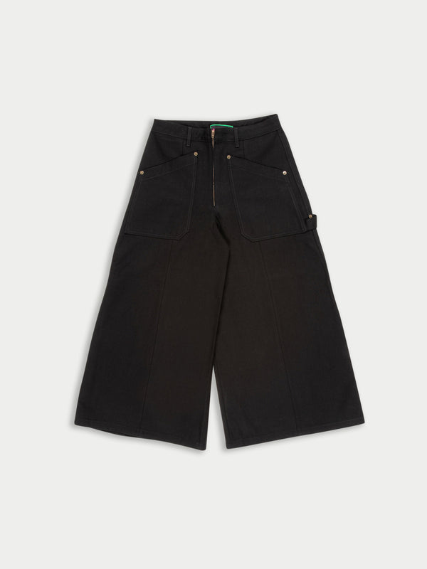 HONEY high Waisted Deep Black Denim Culottes With Carpenter/workwear Details - Black Denim