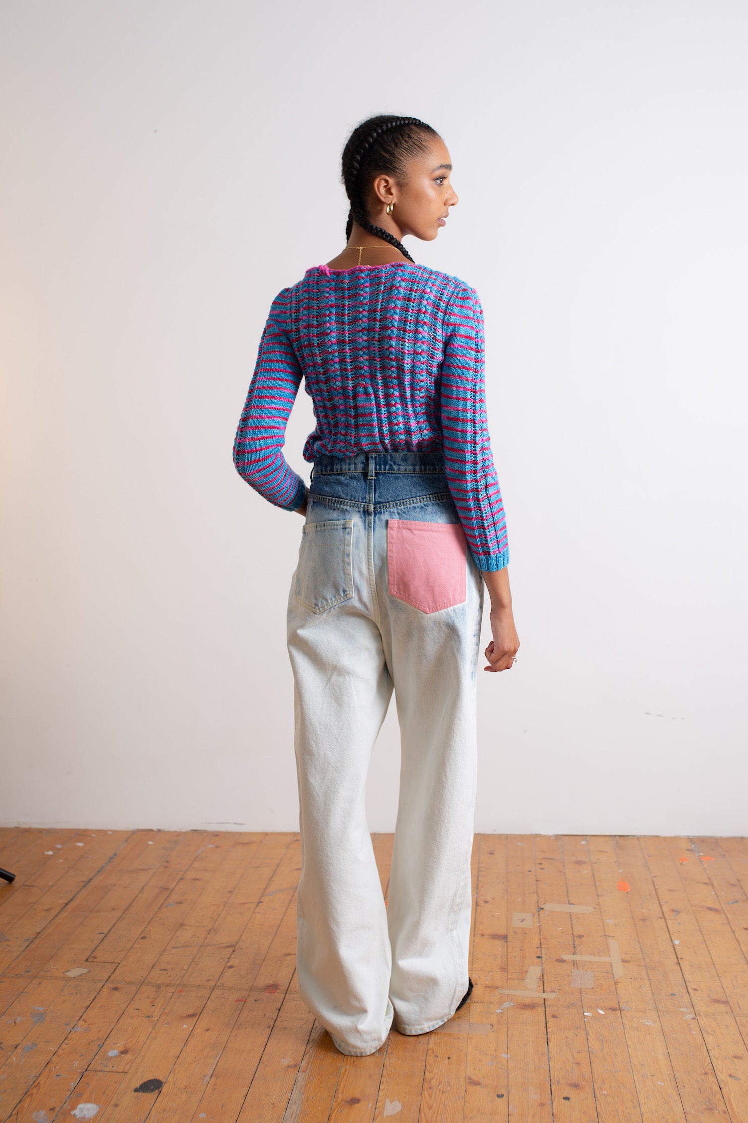 IVY Handknitted Striped Cable Sweater - Blue / Neon Pink