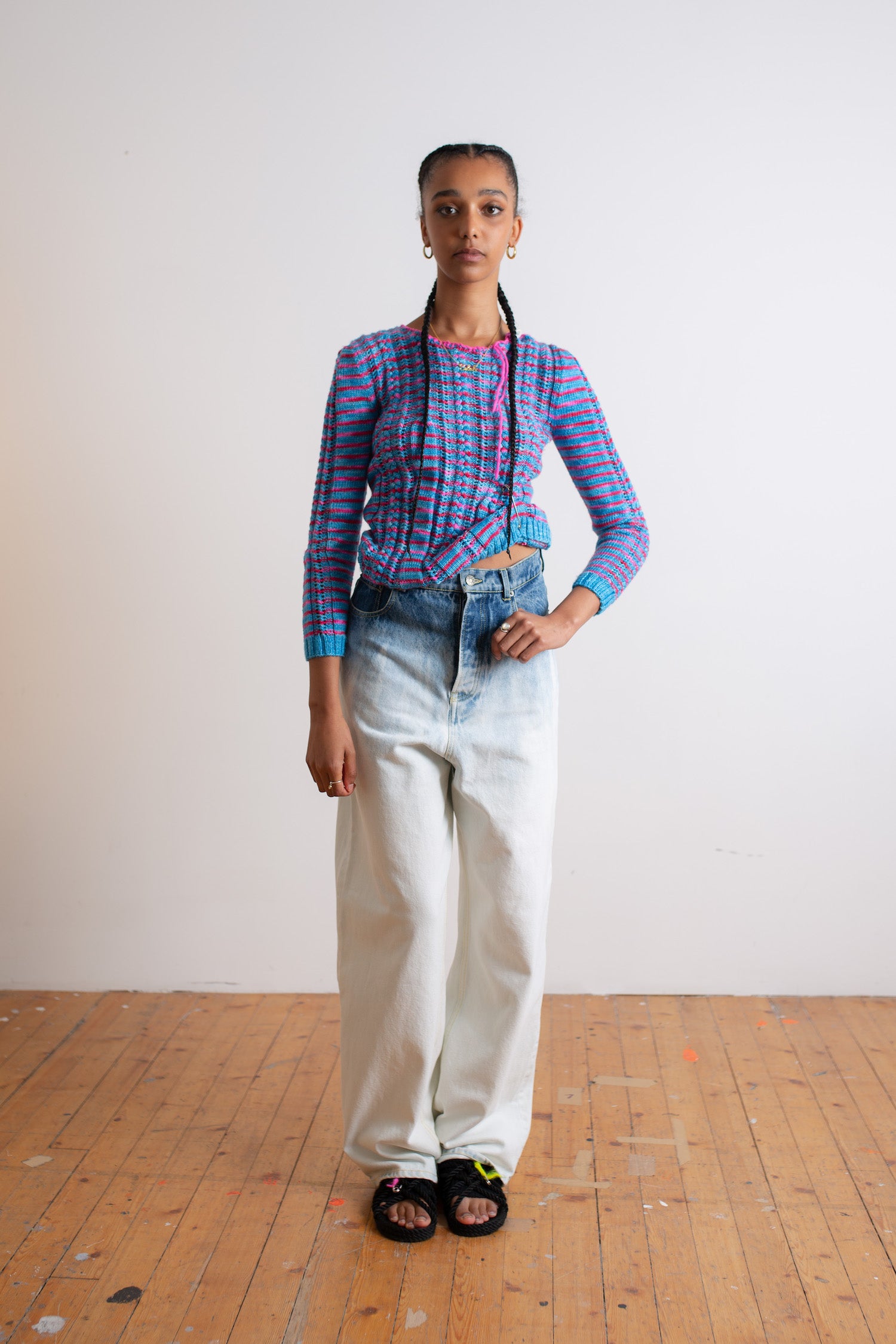 IVY Handknitted Striped Cable Sweater - Blue / Neon Pink