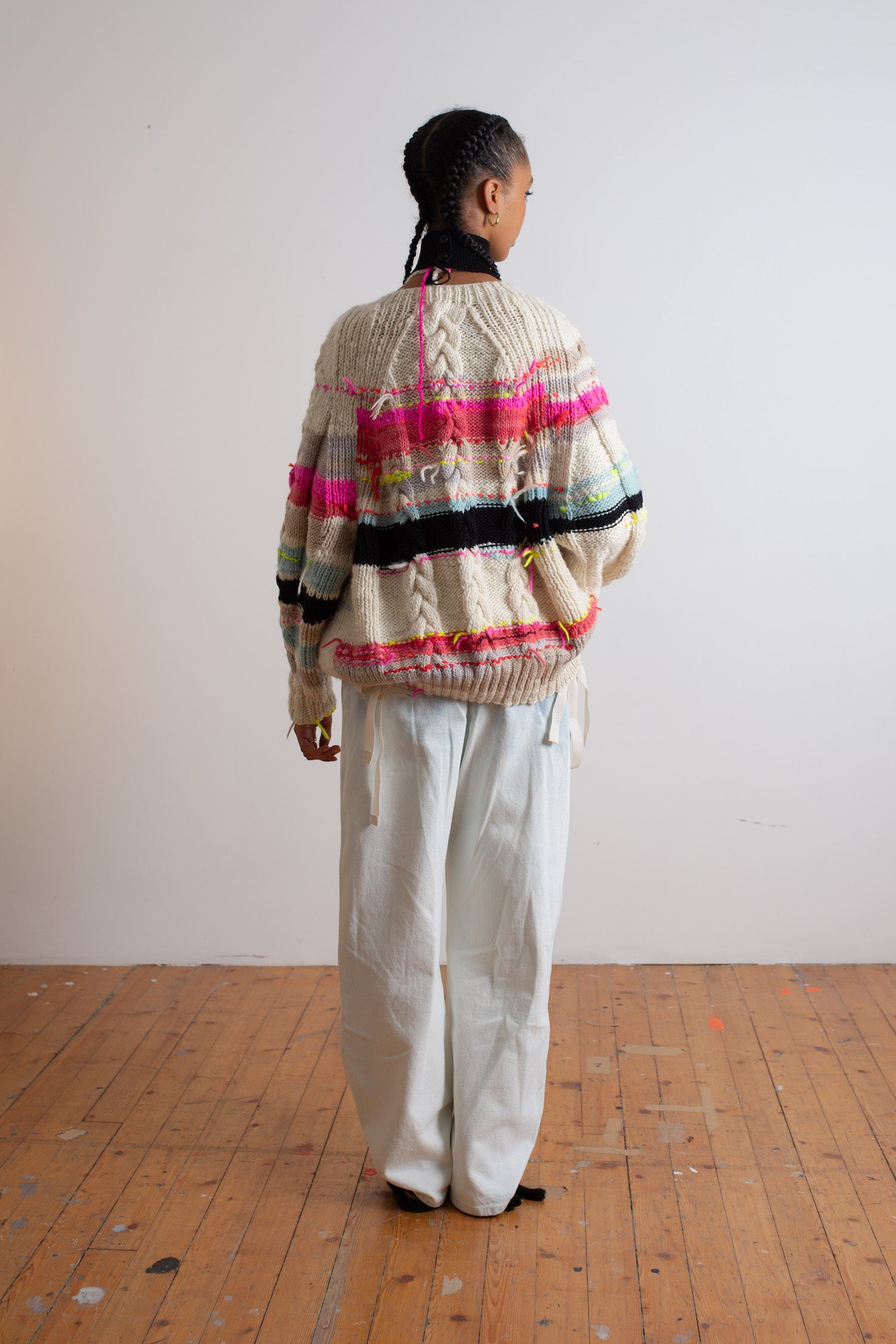 ULTRAVIOLET Handknitted Striped Cable Cardigan - Ecru / Multico