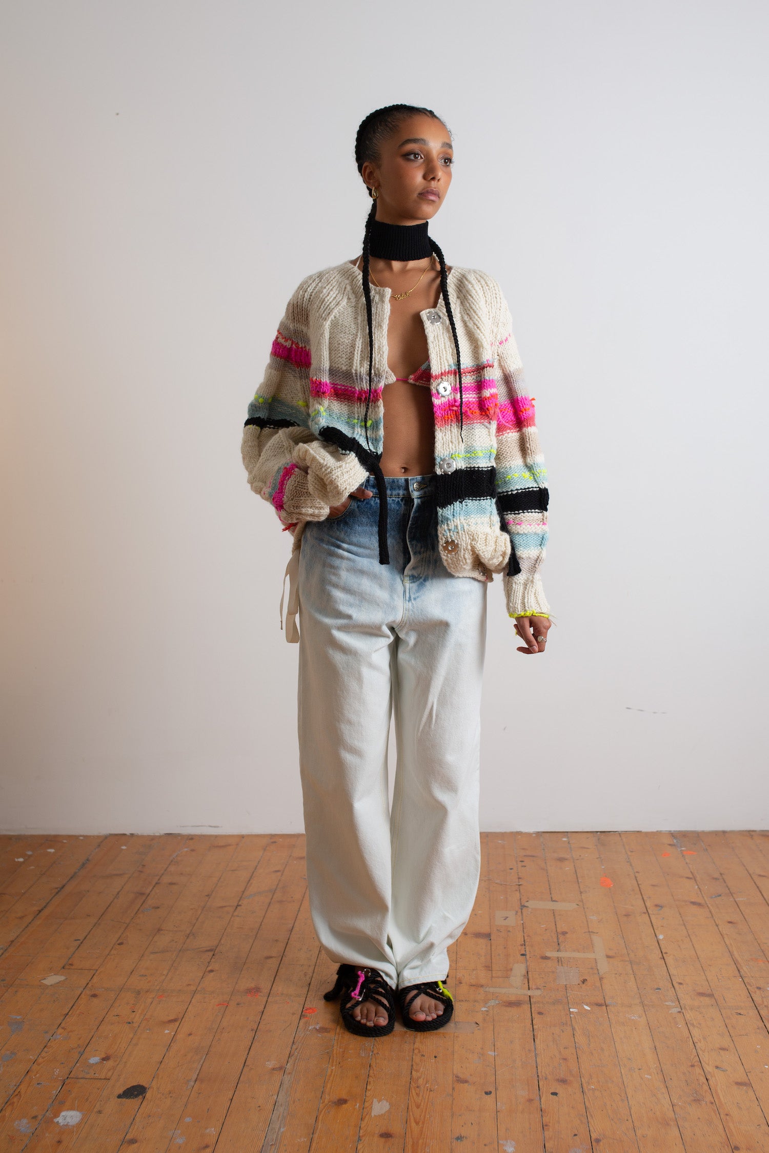 ULTRAVIOLET Handknitted Striped Cable Cardigan - Ecru / Multico