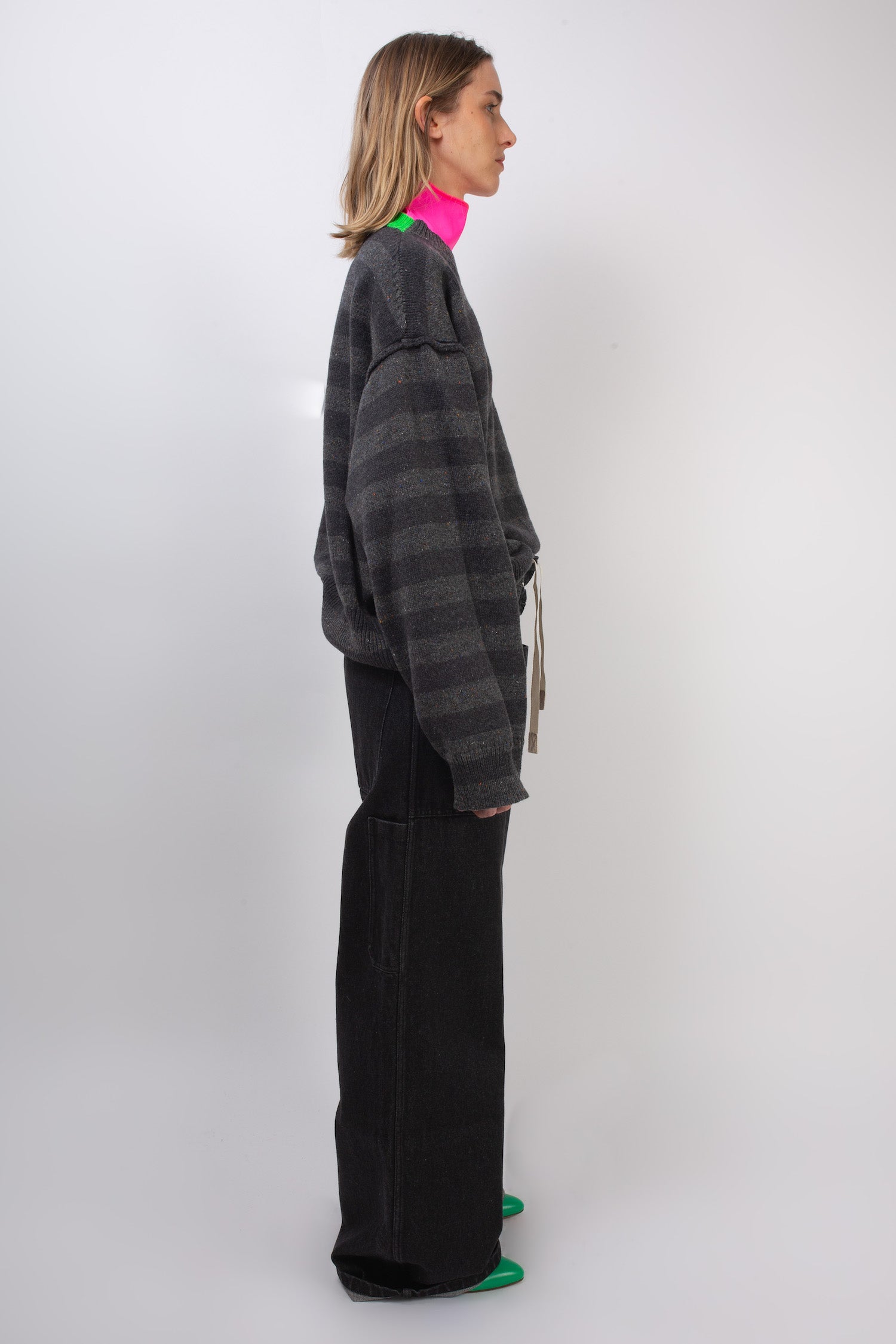 LESLIE Oversized Loose Fit Striped Sweater - Grey / Dark Grey
