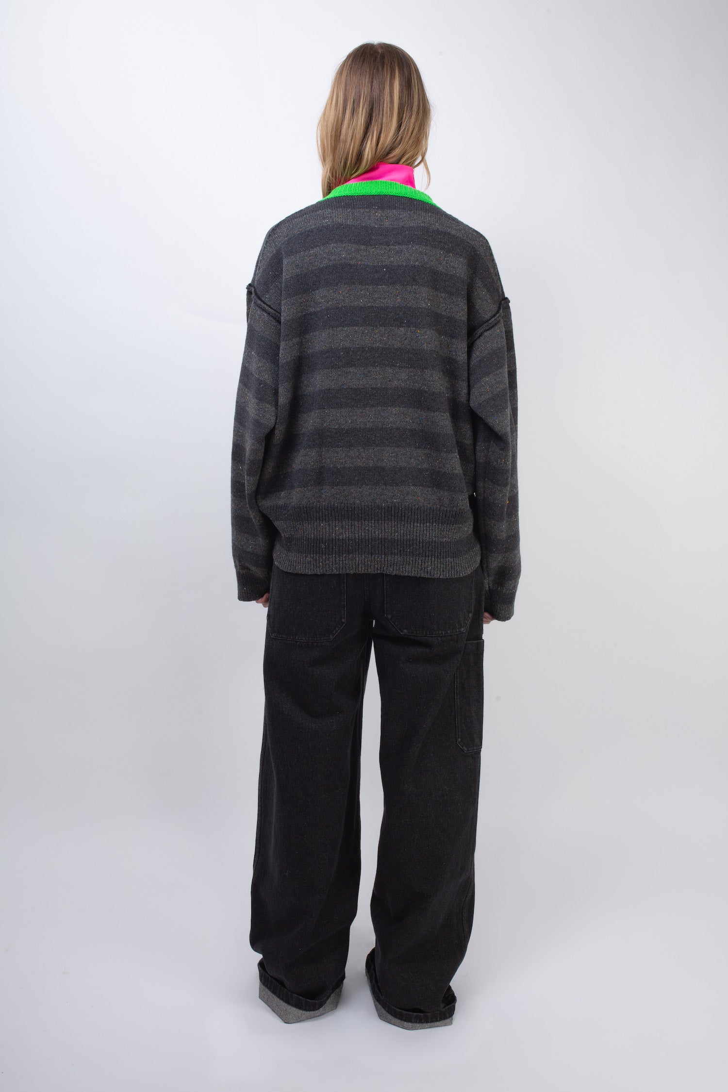 LESLIE Oversized Loose Fit Striped Sweater - Grey / Dark Grey