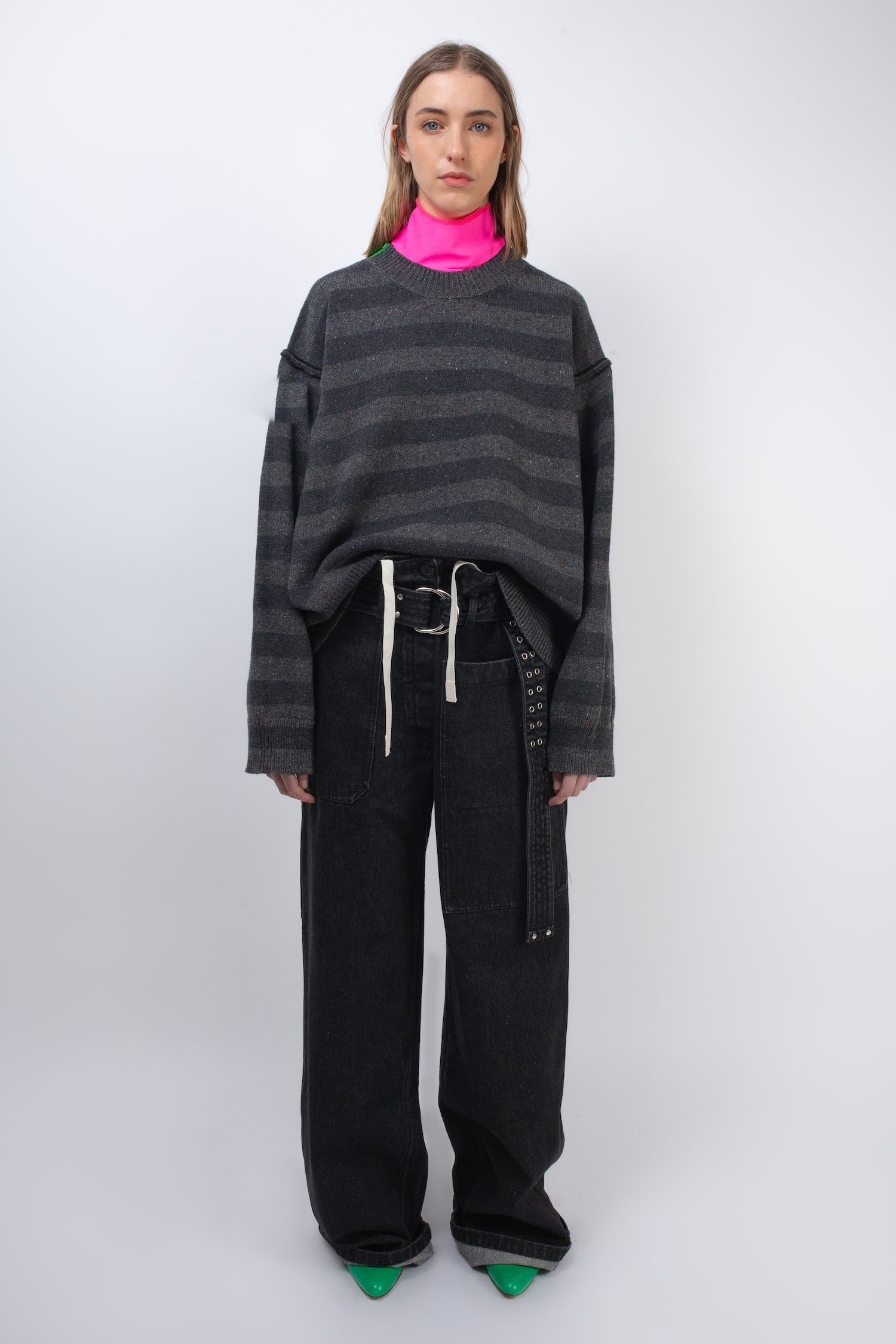 LESLIE Oversized Loose Fit Striped Sweater - Grey / Dark Grey