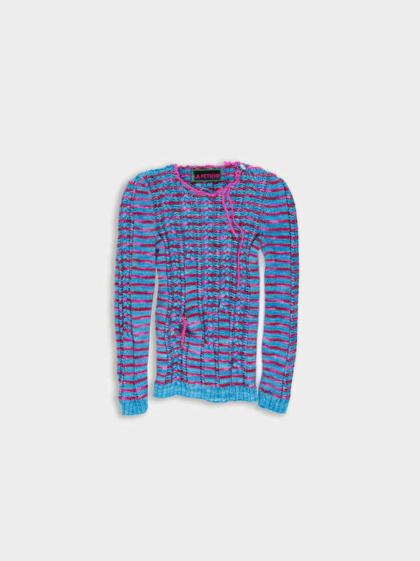 IVY Handknitted Striped Cable Sweater - Blue / Neon Pink