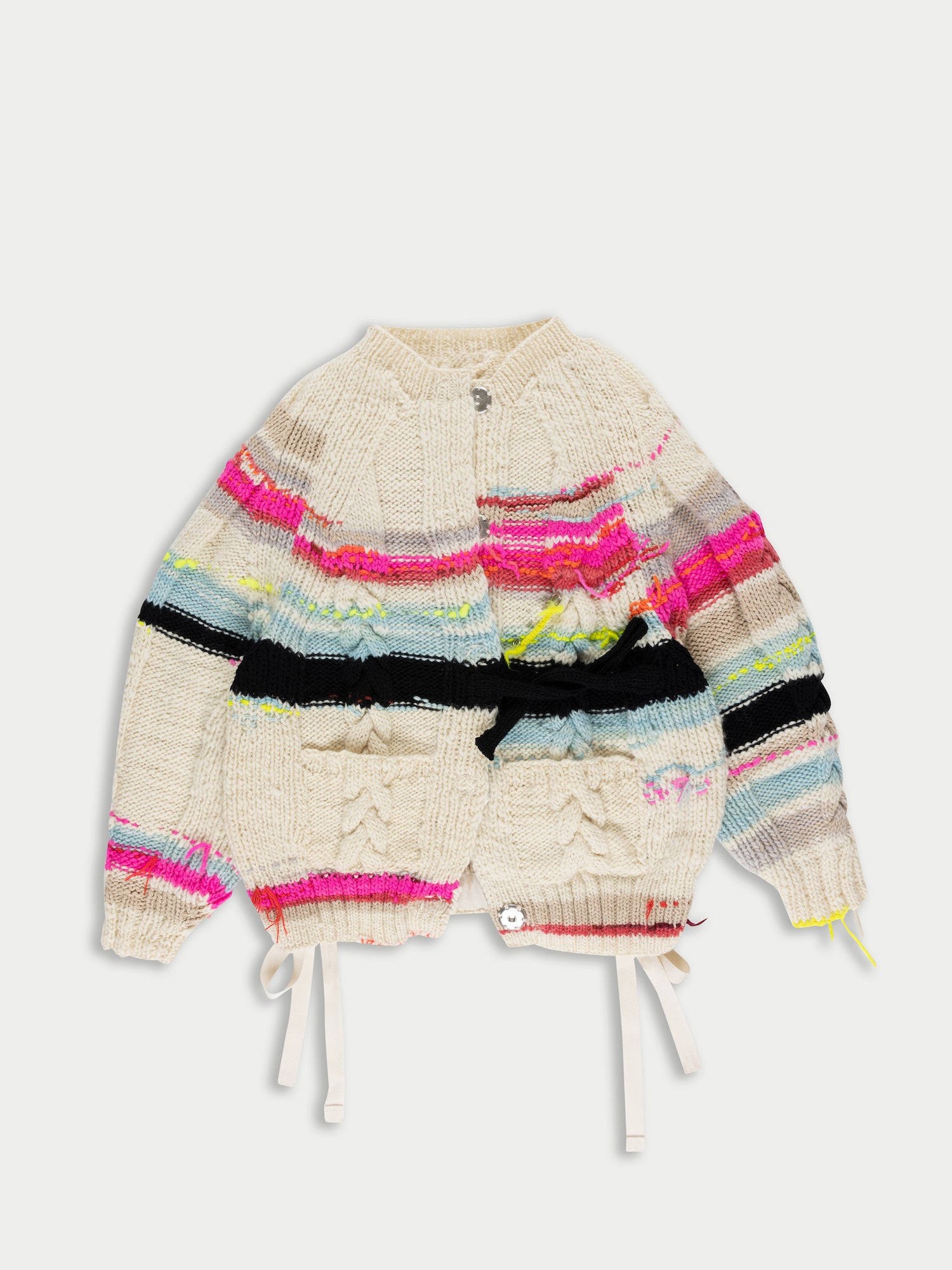 ULTRAVIOLET Handknitted Striped Cable Cardigan - Ecru / Multico