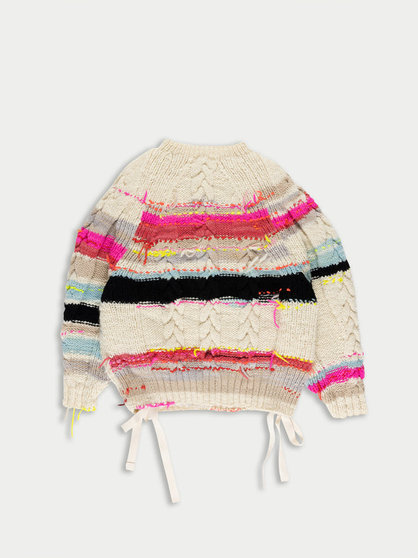 ULTRAVIOLET Handknitted Striped Cable Cardigan - Ecru / Multico