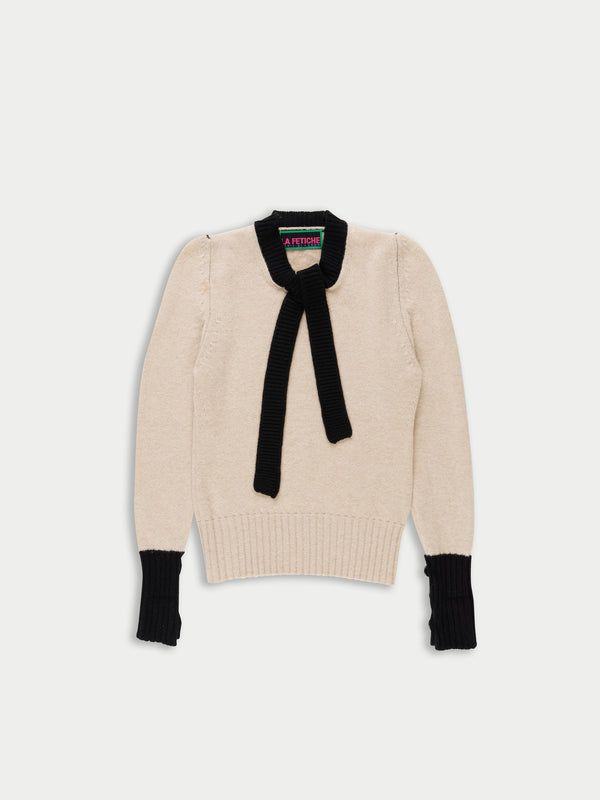 GLORIA Neck Tie Sweater - Oatmeal / Black