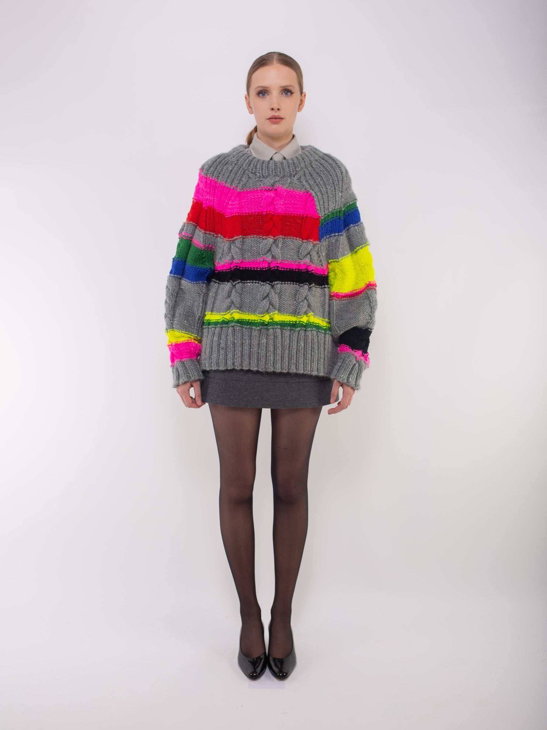 VIOLET Hand Knitted Striped Sweater - Grey / Multico