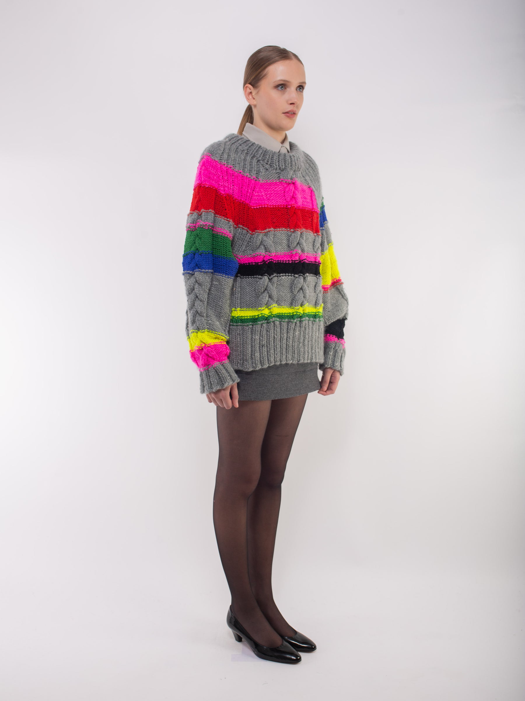 VIOLET Hand Knitted Striped Sweater - Grey / Multico