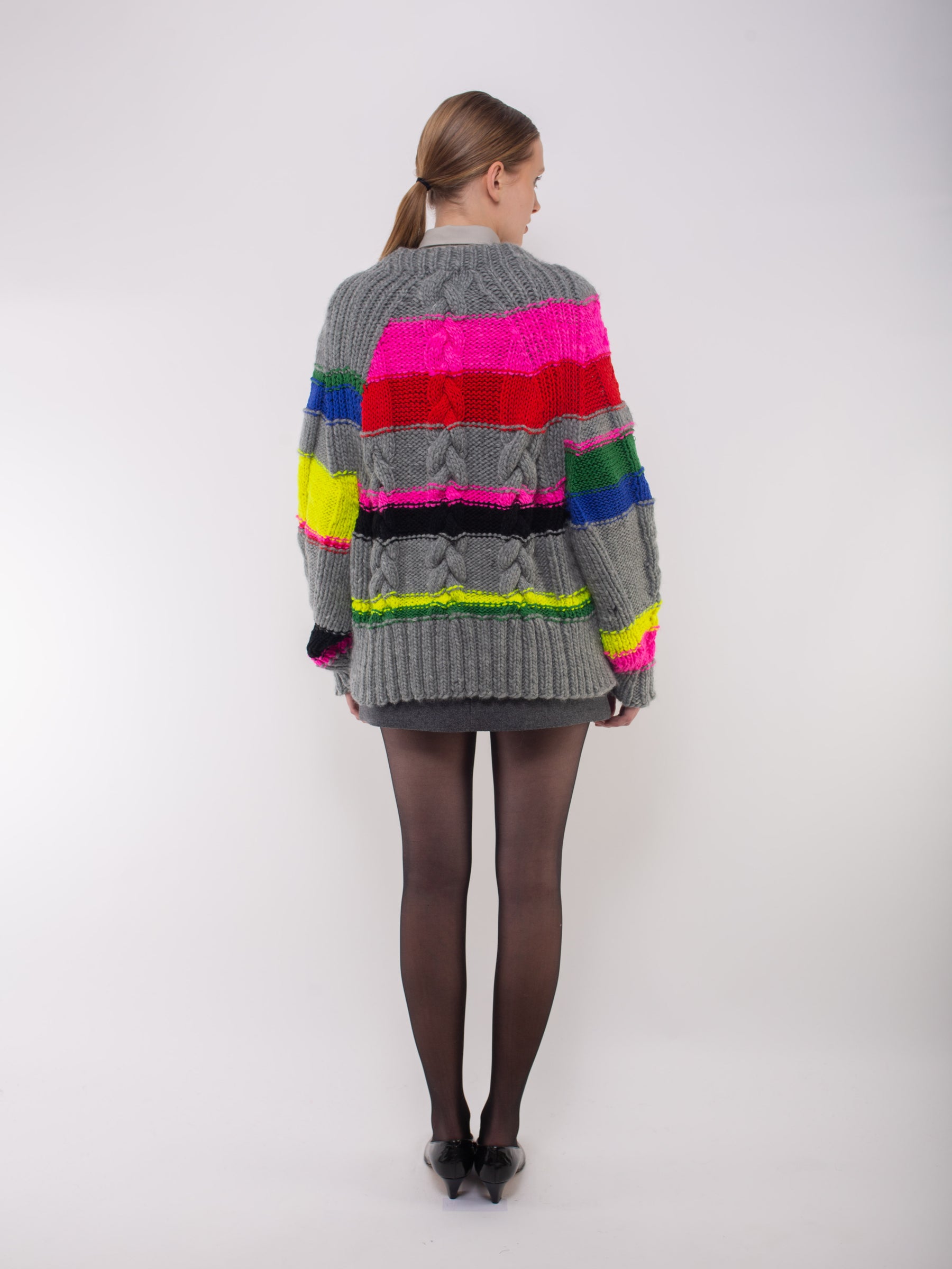 VIOLET Hand Knitted Striped Sweater - Grey / Multico