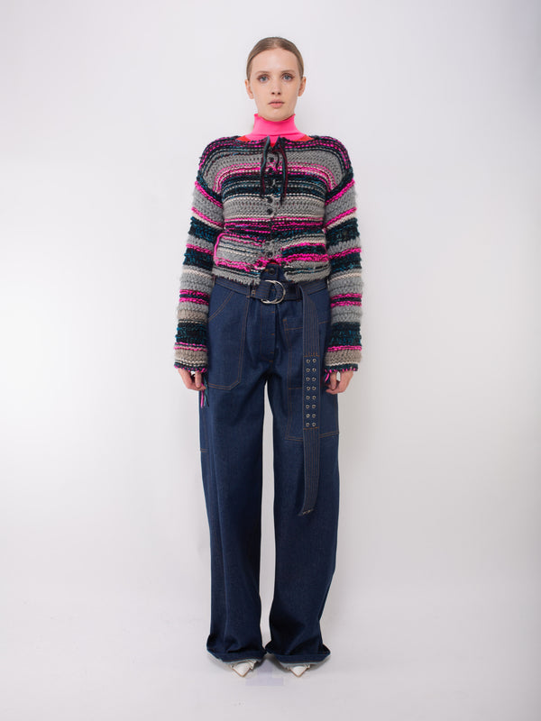 FLEUR Hand Knitted Cardigan - Grey / Navy / Blue / Neon Pink