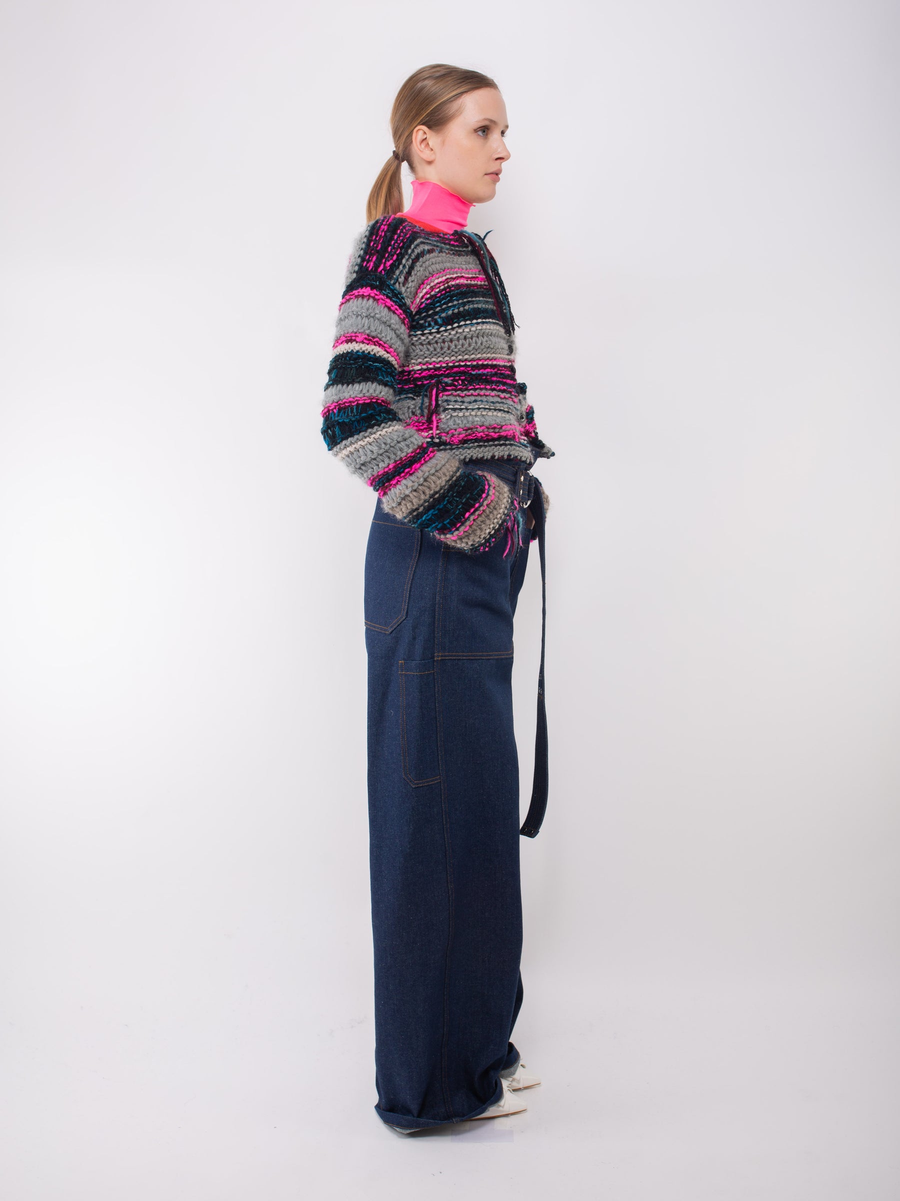 FLEUR Hand Knitted Cardigan - Grey / Navy / Blue / Neon Pink