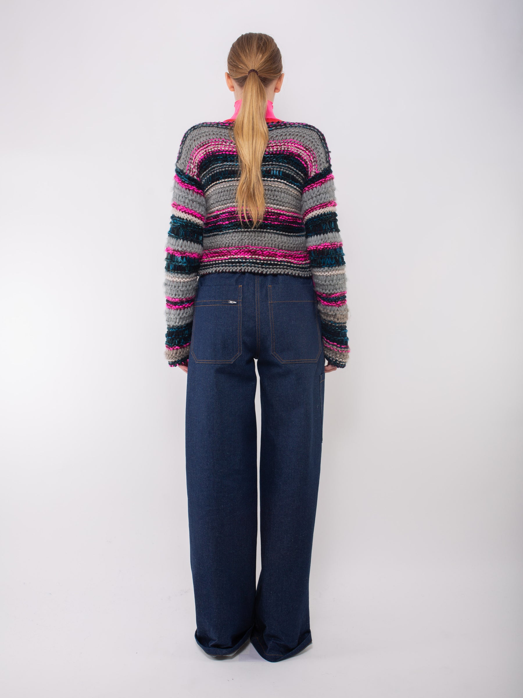FLEUR Hand Knitted Cardigan - Grey / Navy / Blue / Neon Pink