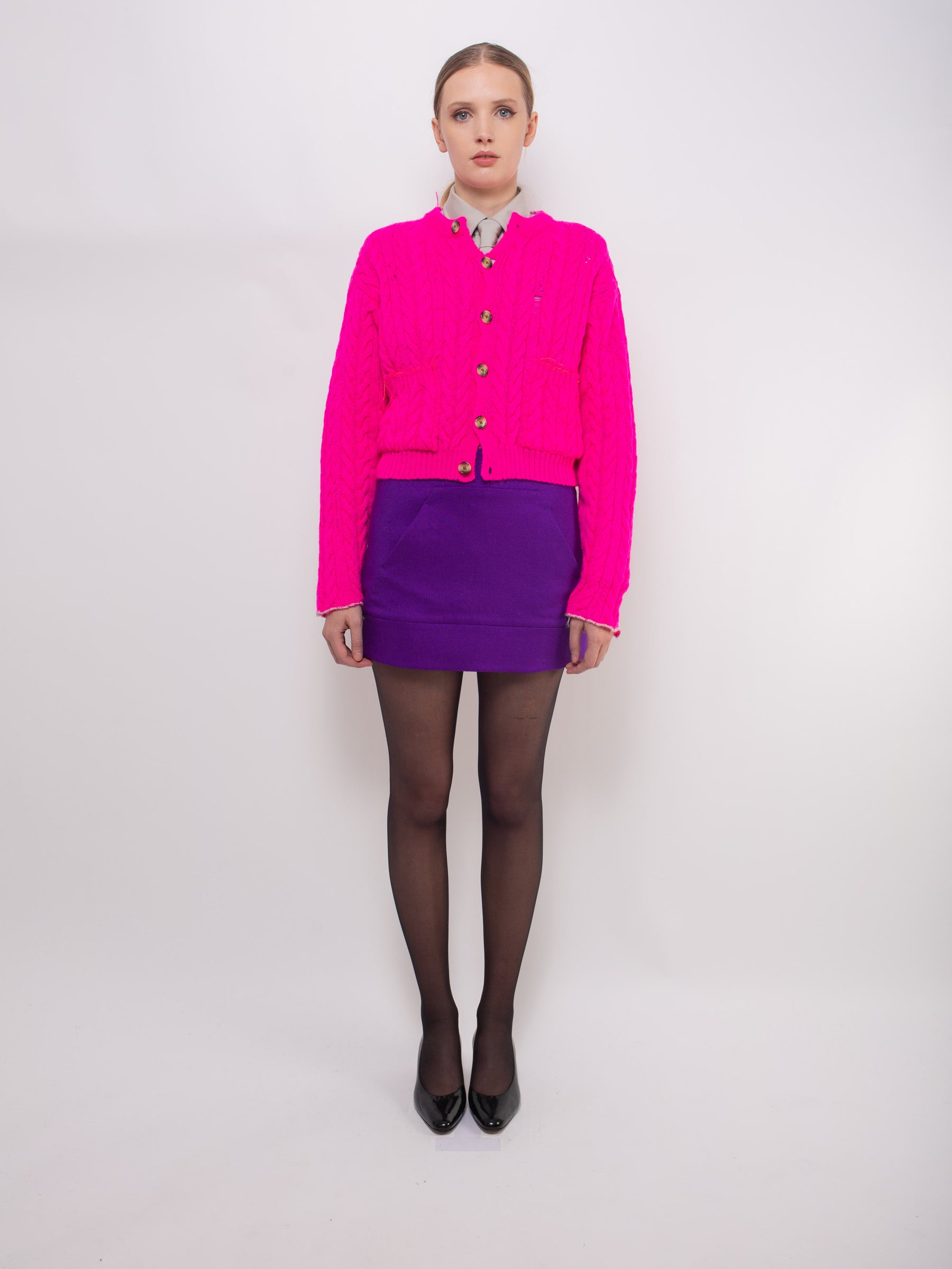 LISETTA Cable Knit Cardigan - Neon Pink