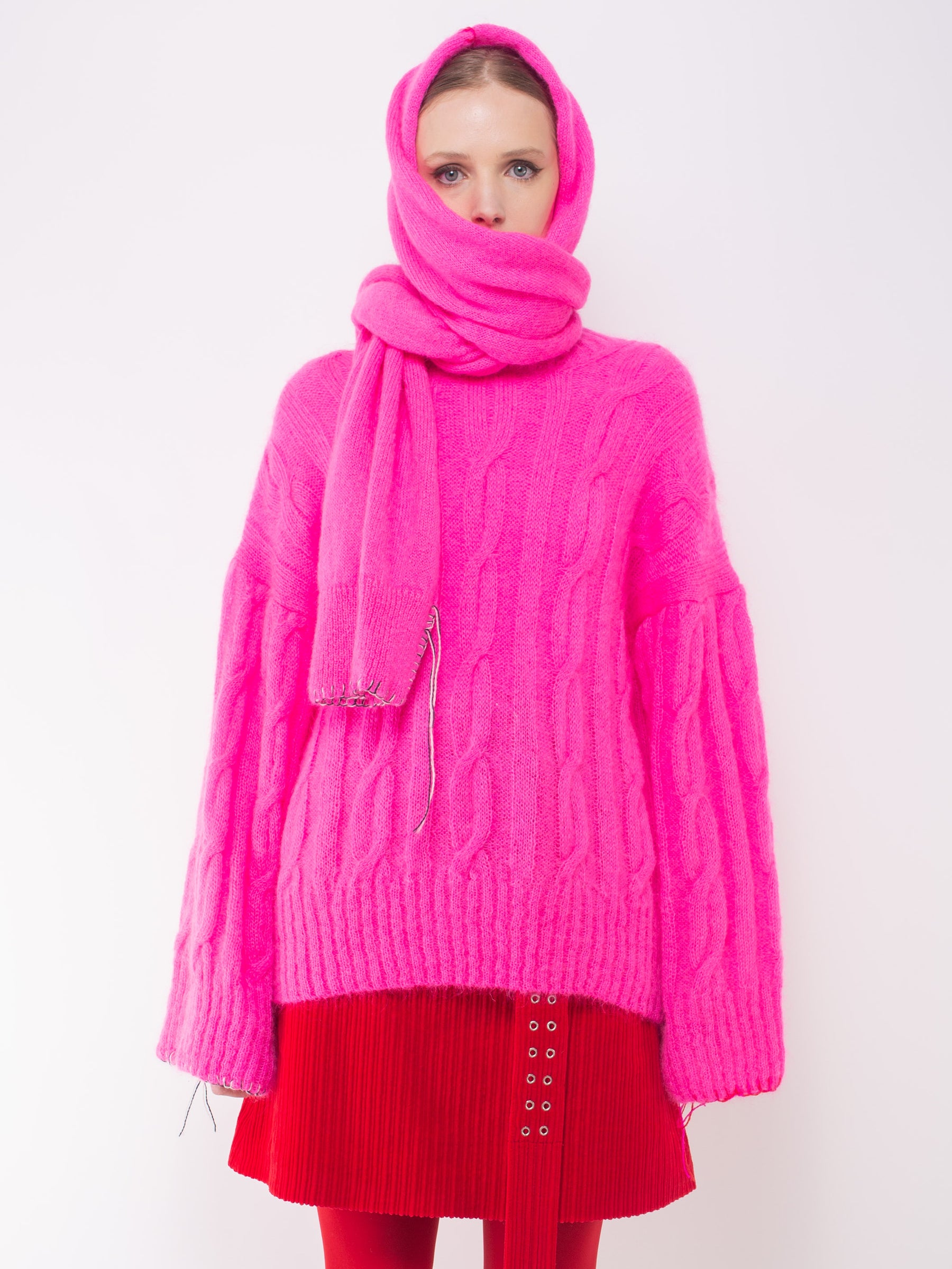 KIKI Hooded Sweater Scarf - Neon Pink