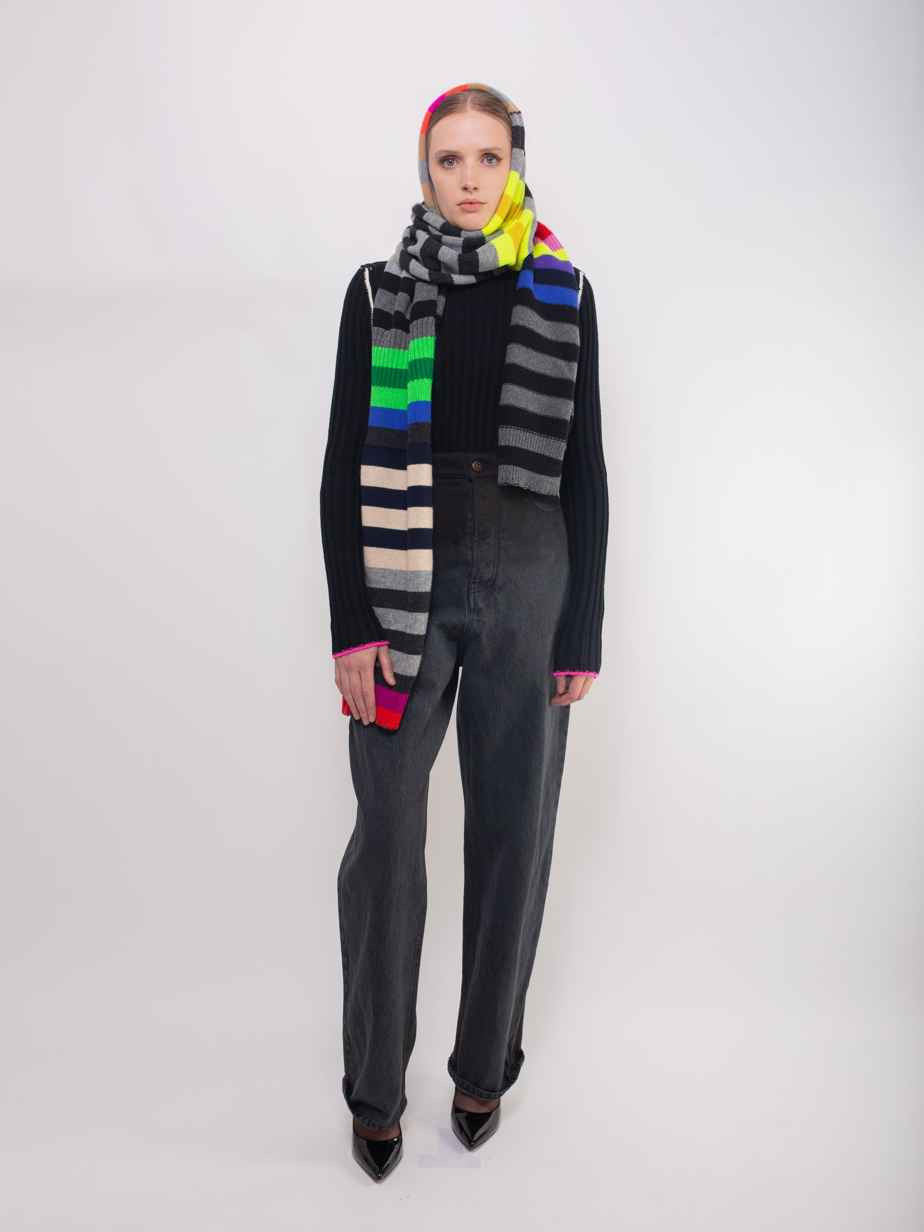 PASCALE Hooded Striped Sweater Scarf - Multico