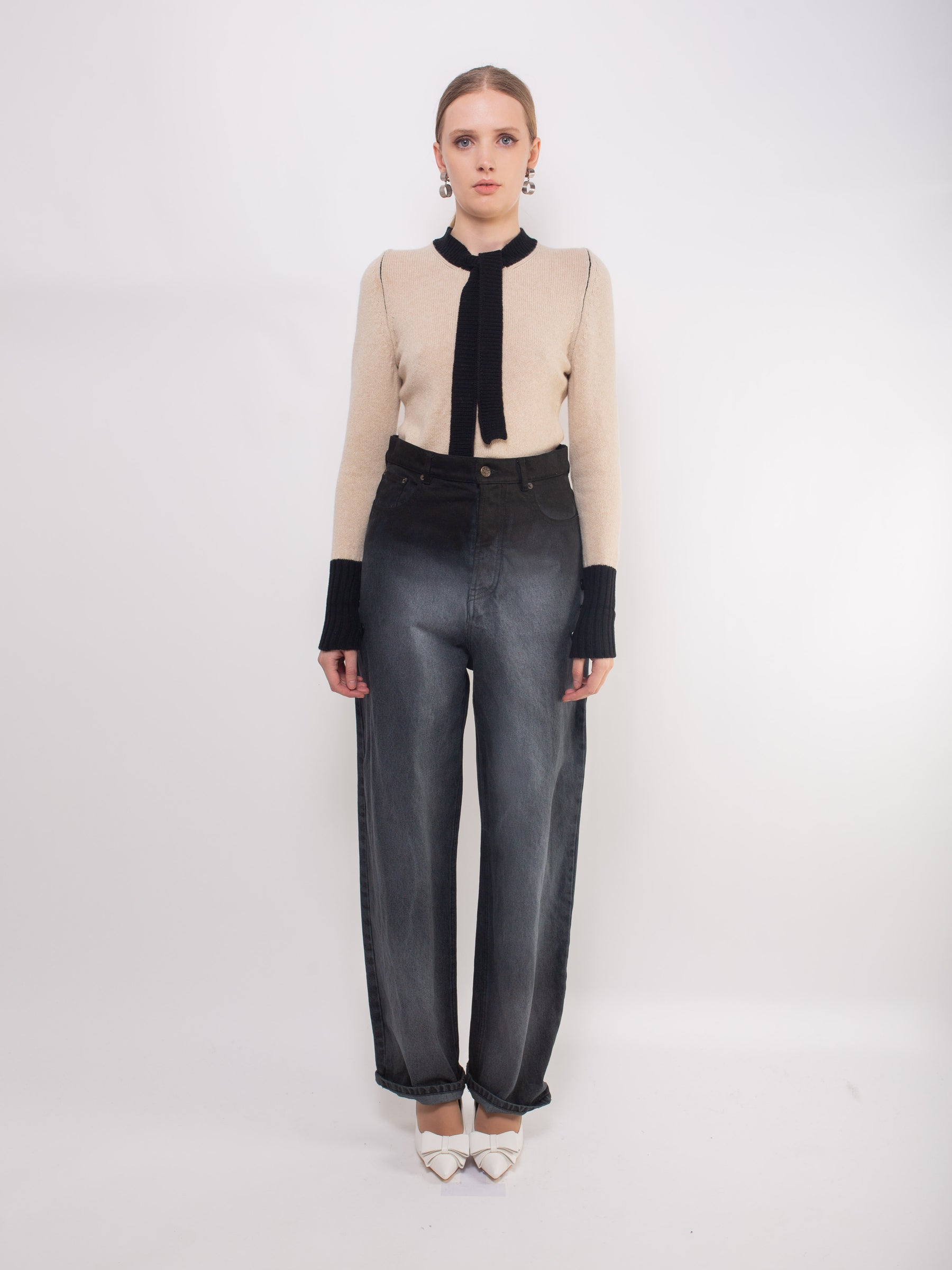GLORIA Neck Tie Sweater - Oatmeal / Black