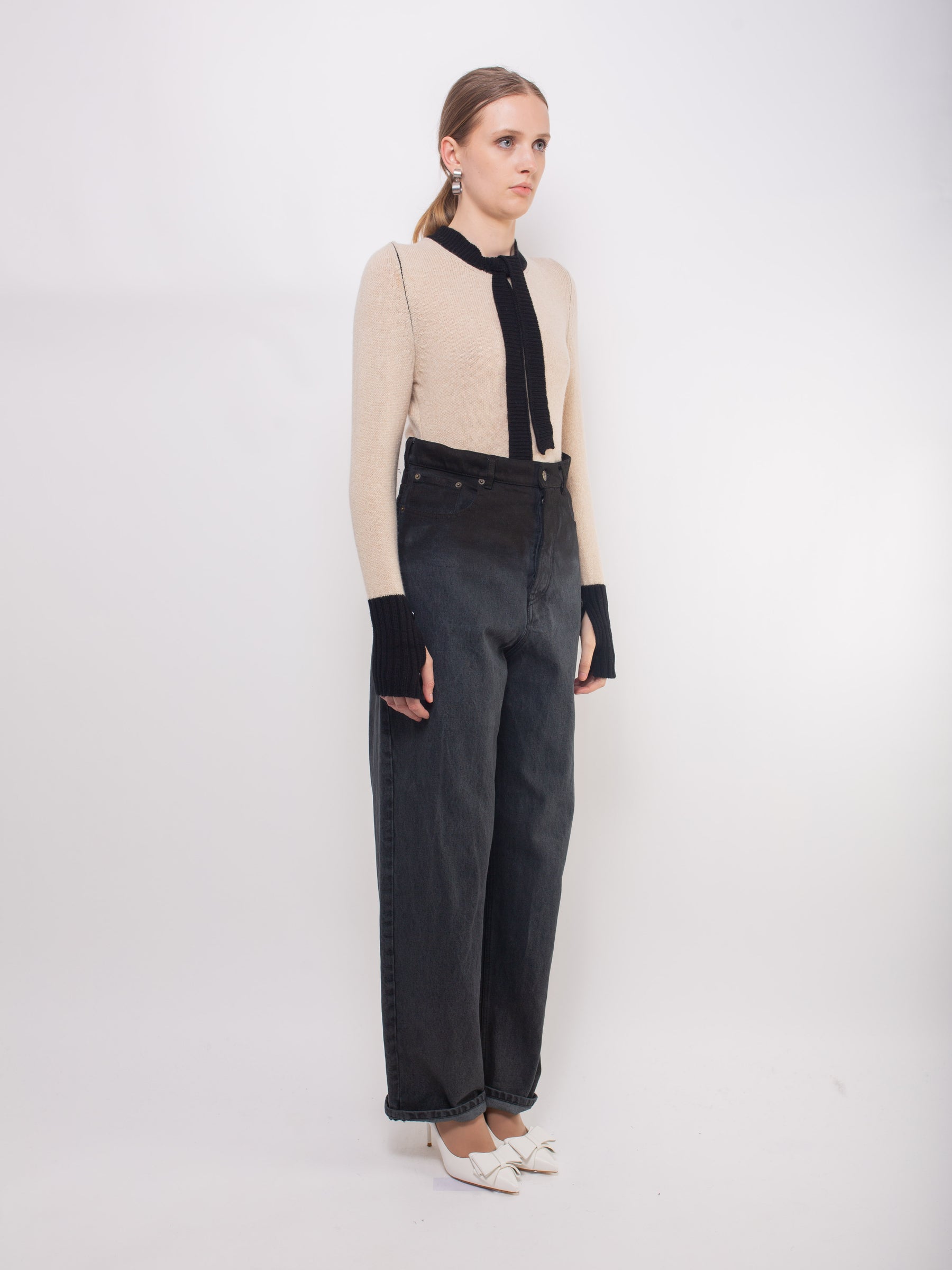 GLORIA Neck Tie Sweater - Oatmeal / Black