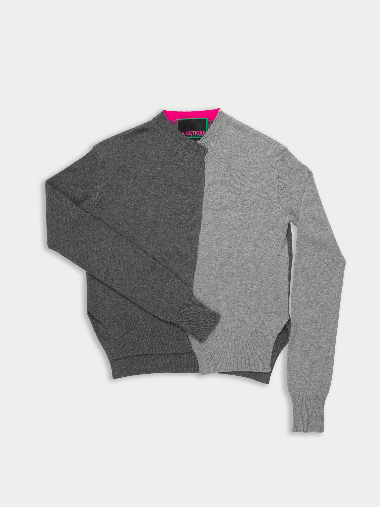 WILLIAM Handframed Patched Lambswool Sweater - Grey / Charcoal / Neon Pink
