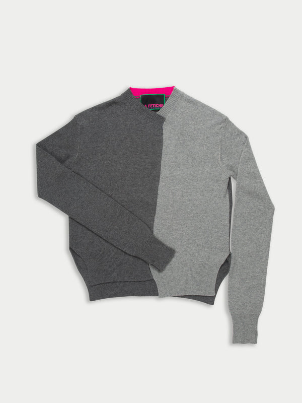 WILLIAM Handframed Patched Lambswool Sweater - Grey / Charcoal / Neon Pink