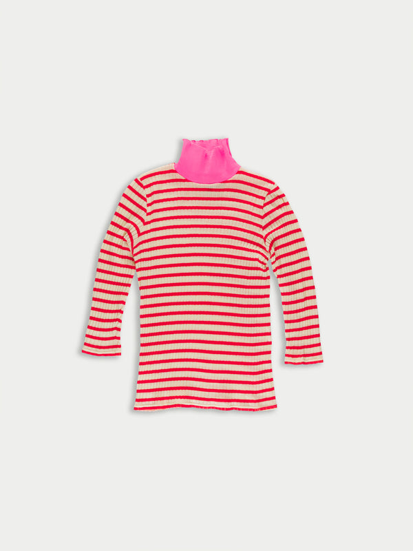 JACQUELINE Striped Ribbed Top - Red / Ecru / Neon Pink