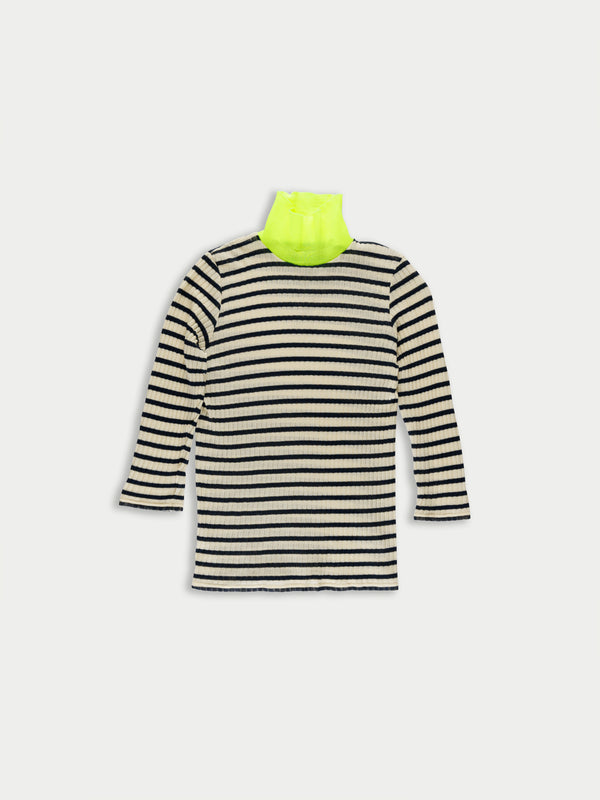 JACQUELINE Striped Ribbed Top - Navy / Ecru / Neon Yellow