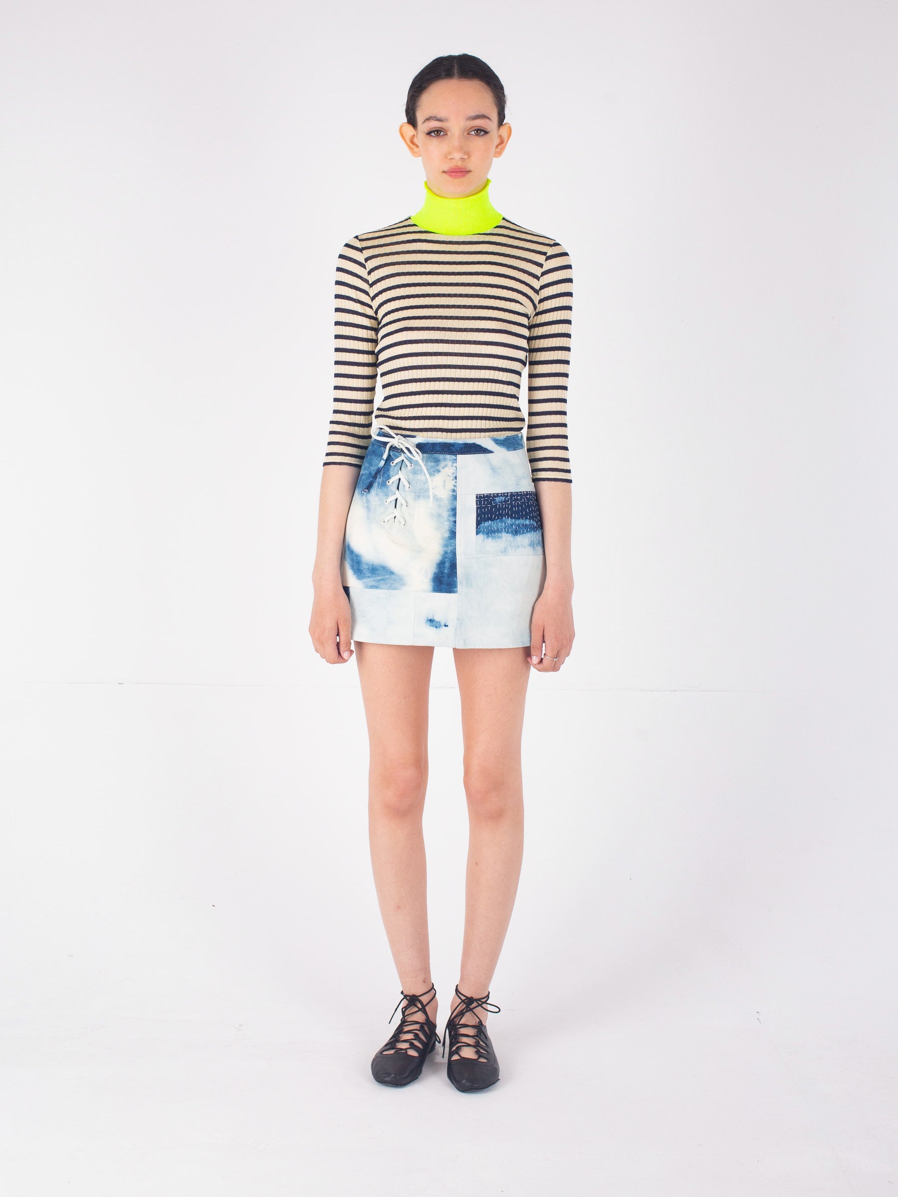 JACQUELINE Striped Ribbed Top - Navy / Ecru / Neon Yellow